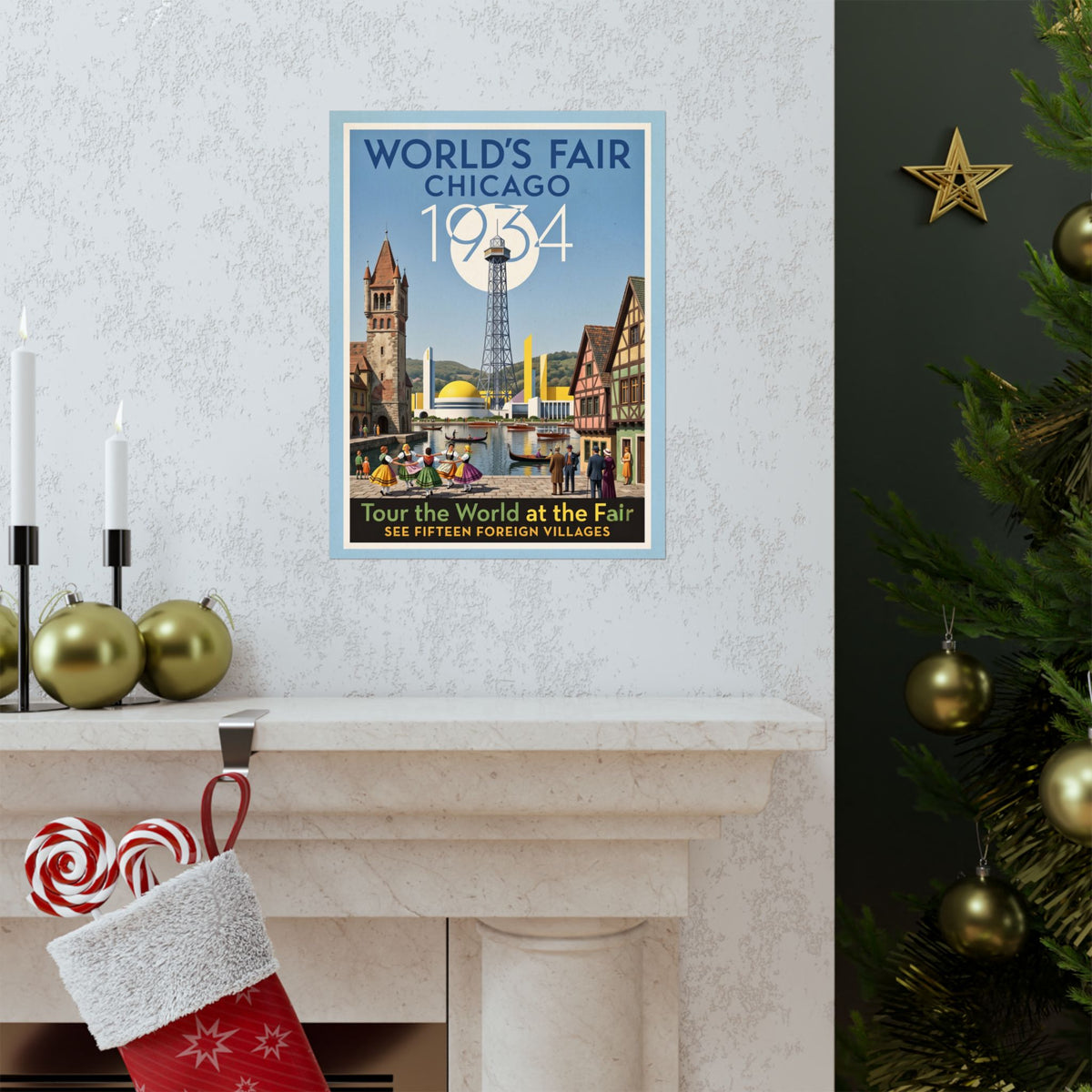 Vintage 1934 Chicago World's Fair Travel Print | Matte Vertical Poster | Art Deco Architecture Wall Art | Retro Chicago History Home Decor