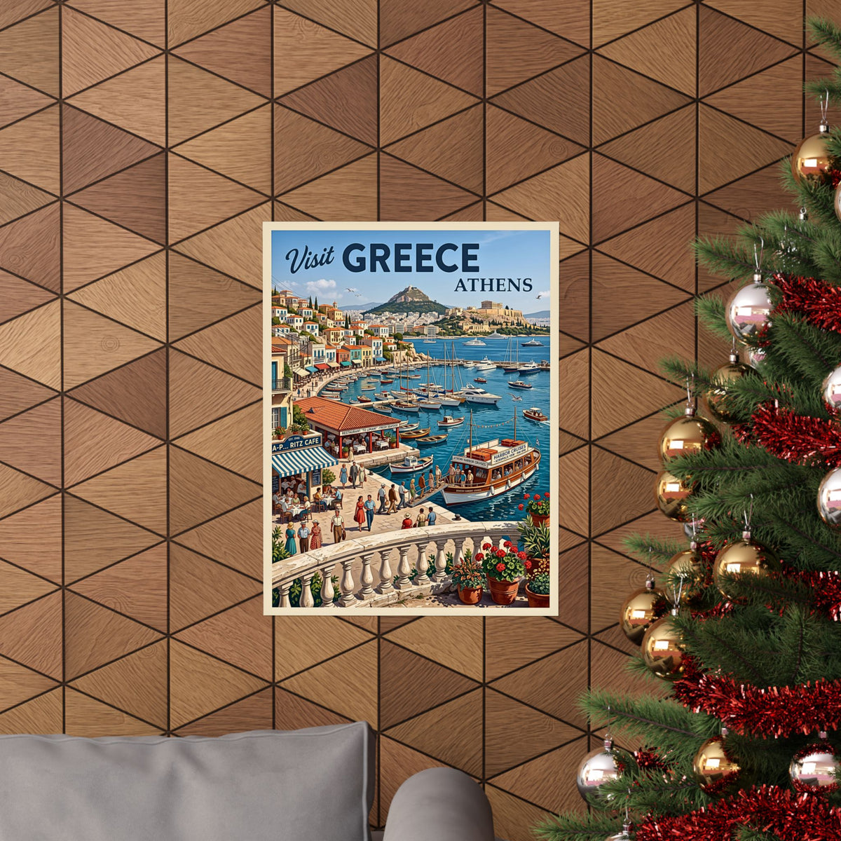 Vintage Athens Greece Classic Travel Print | Matte Vertical Poster | Mid-Century Mediterranean Harbor Wall Art | Retro Acropolis