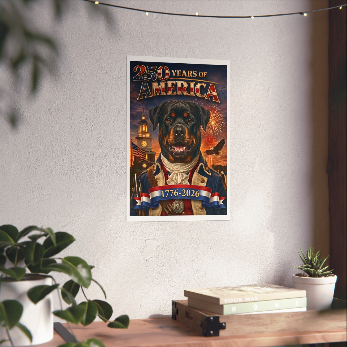 Patriotic ROTTWEILER Dog | Matte Finish Poster | 250 Years of America 1776-2026 | Independence Hall | Soaring Bald Eagle |Fireworks| 5 sizes