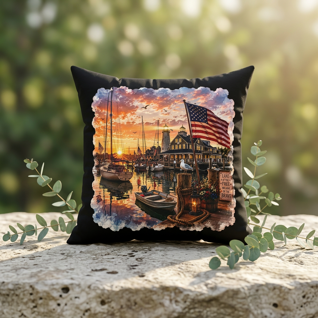 Patriotic Harbor Sunset Watercolor| Square Polyester Throw Pillow | Land of the Free Because of the Brave| Classic Lighthouse, American Flag