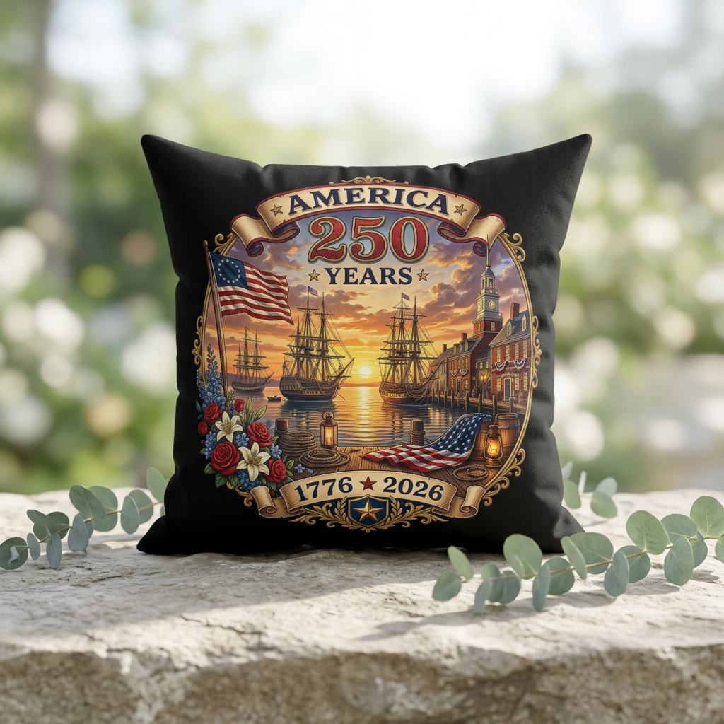 Vintage America 250 Years 1776-2026 Commemorative Emblem| Square Polyester Throw Pillow| Historic Sailing Ships, Flag | Patriotic USA Design