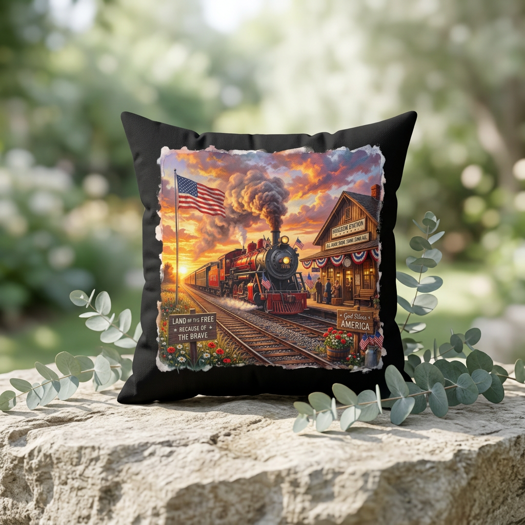 God Bless America | Square Polyester Throw Pillow | 250th Semiquincentennial 1776-2026 | Vintage 1776 Steam Train, US Flag, Freedom Station