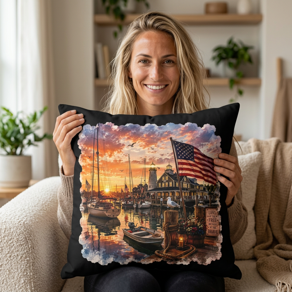Patriotic Harbor Sunset Watercolor| Square Polyester Throw Pillow | Land of the Free Because of the Brave| Classic Lighthouse, American Flag