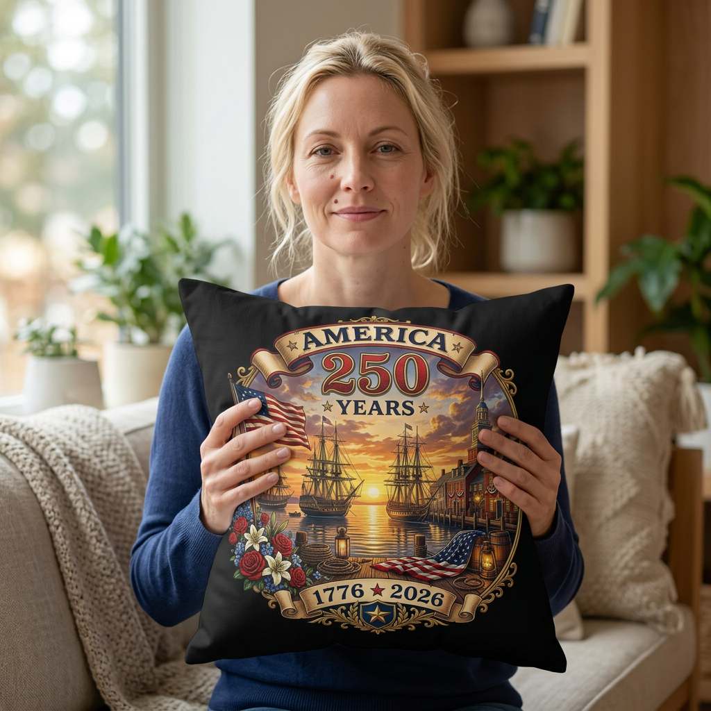 Vintage America 250 Years 1776-2026 Commemorative Emblem| Square Polyester Throw Pillow| Historic Sailing Ships, Flag | Patriotic USA Design