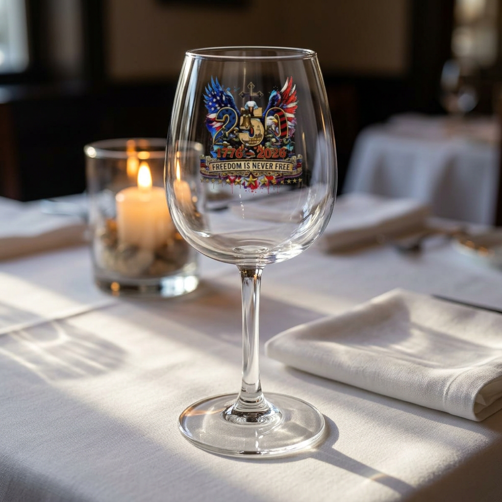 US Veteran 250 Years of History | DD-214 Military 12oz Wine Glass| Patriotic 1776-2026 Semiquincentennial | Eagle, Flag, Helmet and Dog Tags