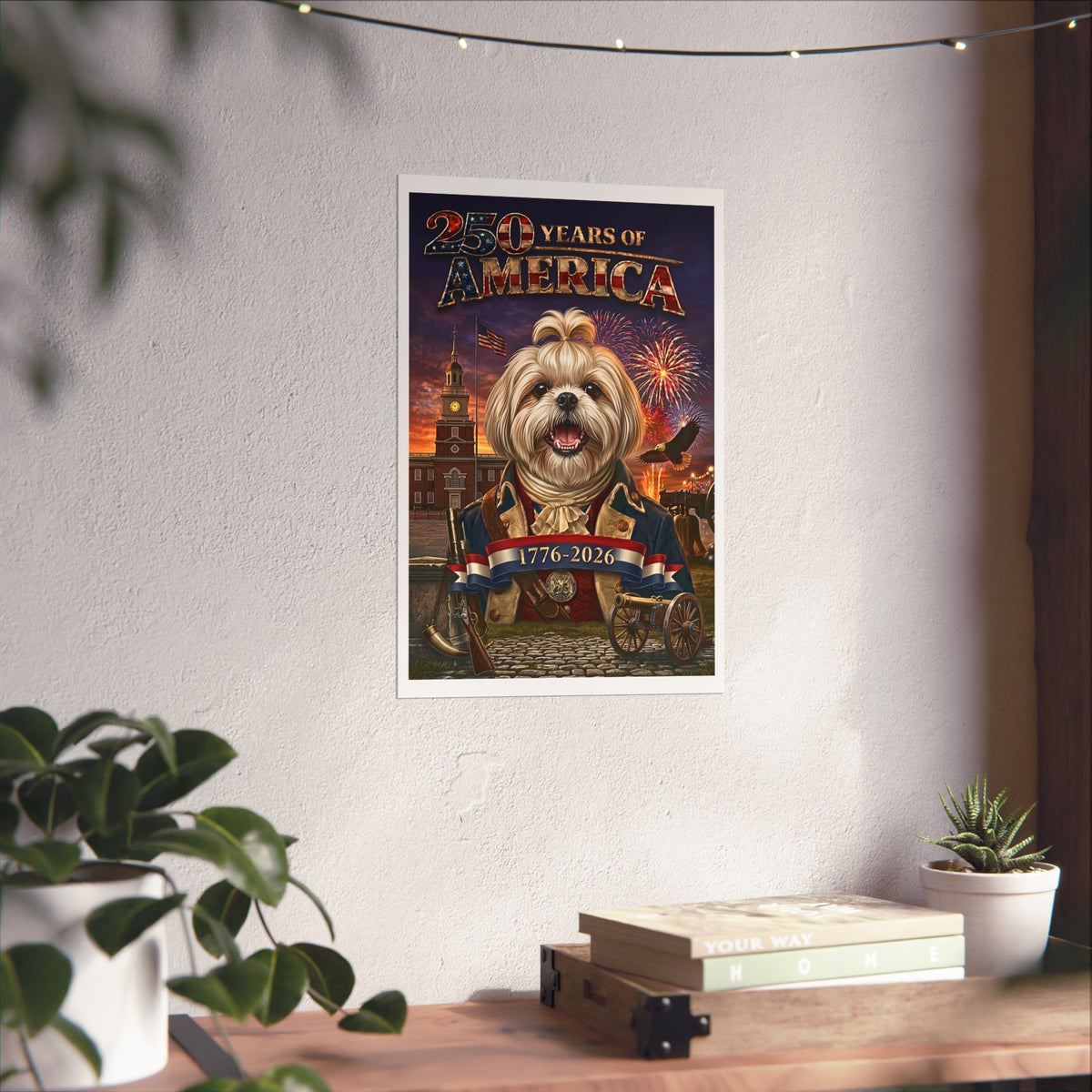 Patriotic SHIH TZU Dog | Matte Finish Poster | 250 Years of America 1776-2026 | Independence Hall | Soaring Bald Eagle | Fireworks | 5 sizes