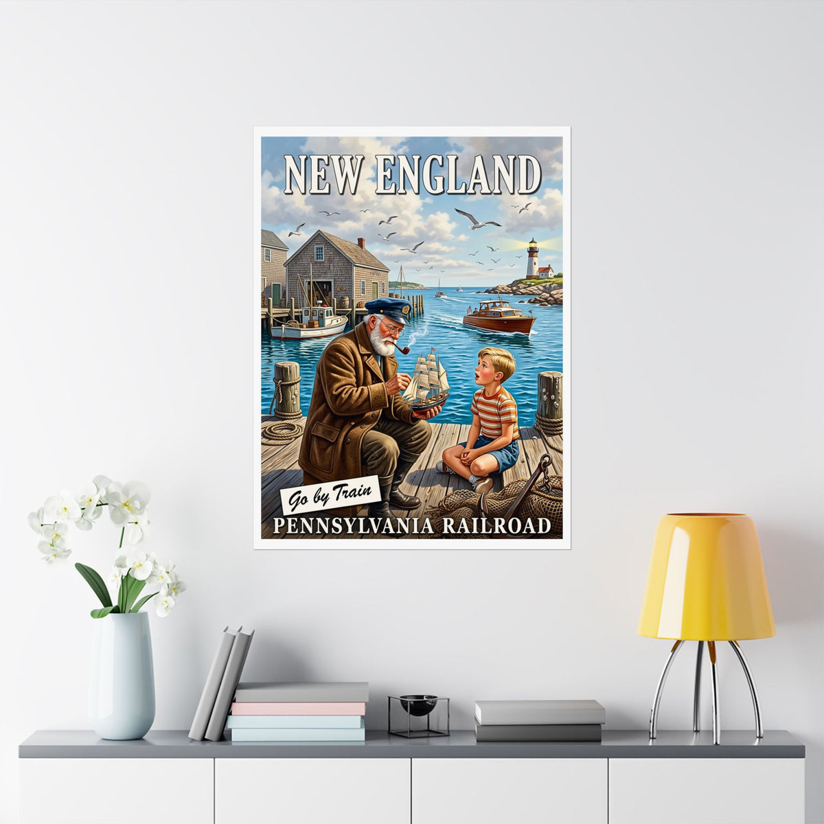 Vintage New England Mid-Century Travel Advertisement |Matte Vertical Poster|Nautical Sea Captain Wall Art|Go By Train Pennsylvania Railroad