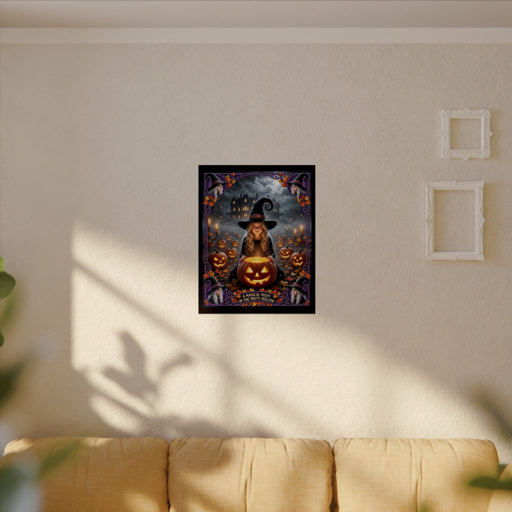 A Magical Night in the Misty Hollow| Textured Watercolor Matte Poster| Cute Halloween Witch, Glowing Jack-o'-Lanterns| Gift for Kids, Adults