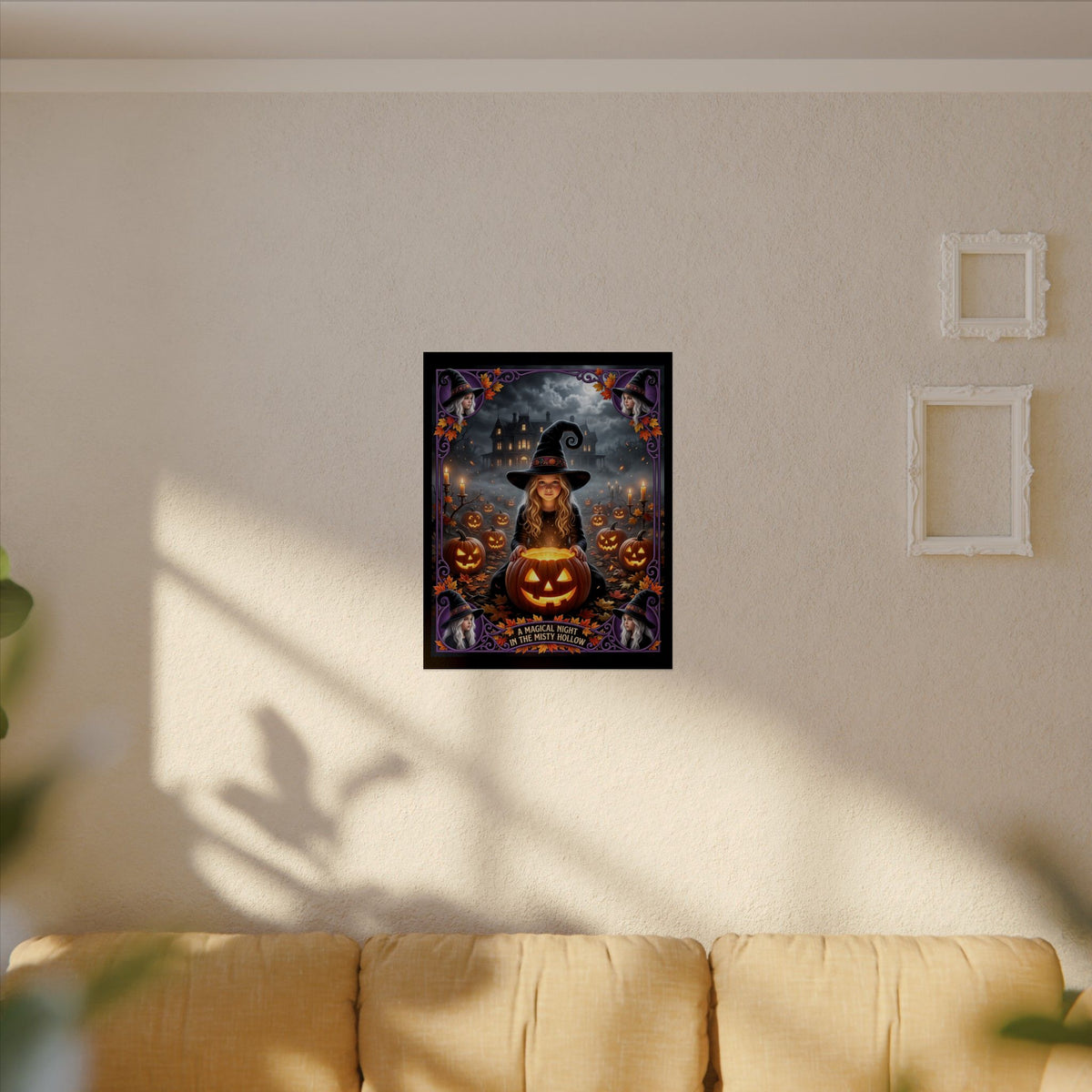 A Magical Night in the Misty Hollow| Textured Watercolor Matte Poster| Cute Halloween Witch, Glowing Jack-o'-Lanterns| Gift for Kids, Adults