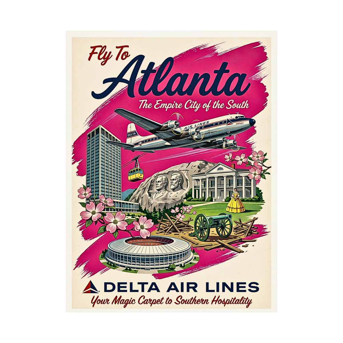 Retro Atlanta, Empire City of the South | Matte Vertical Poster | Vintage Delta Air Lines Travel Print | 1960s Southern Hospitality Decor