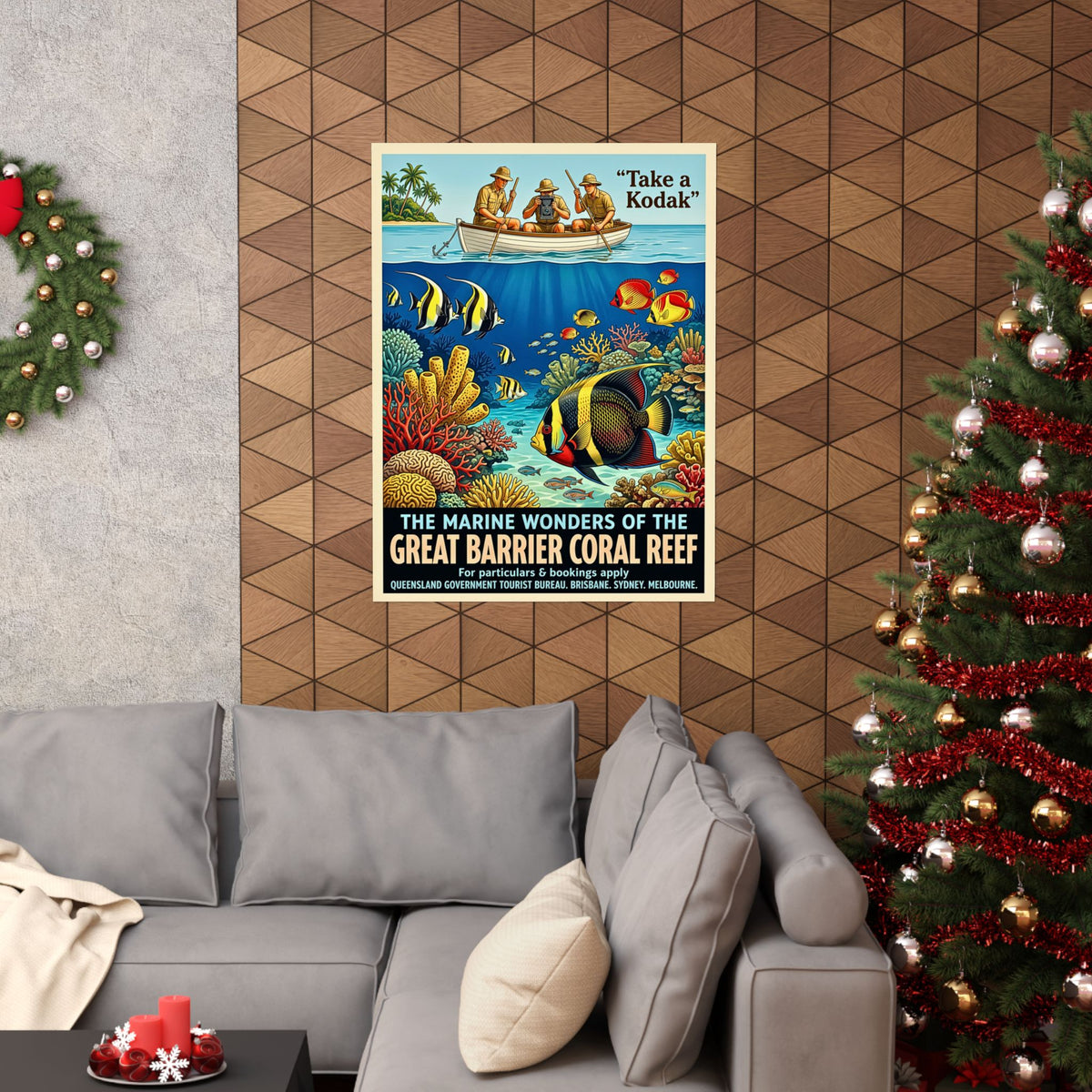 Vintage Australian Great Barrier Reef Travel Poster | Vertical Matte Print | 1930s Retro Ocean Coral Art | Mid-Century Marine Illustration