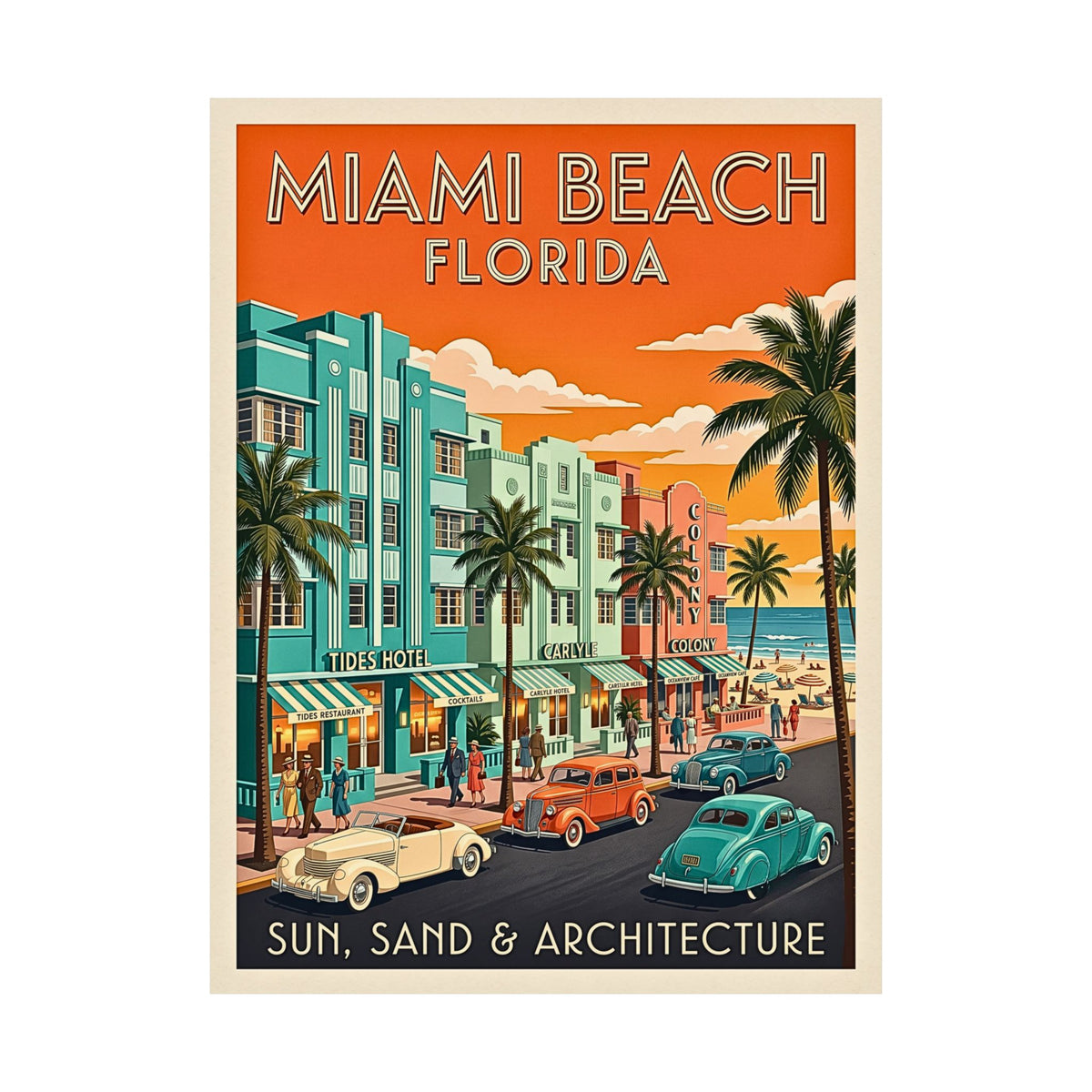 Miami Beach Florida Art Deco Travel | Matte Poster | Retro Vintage Mid-Century Wall Art | Ocean Drive, Tides & Carlyle Hotels, Classic Cars