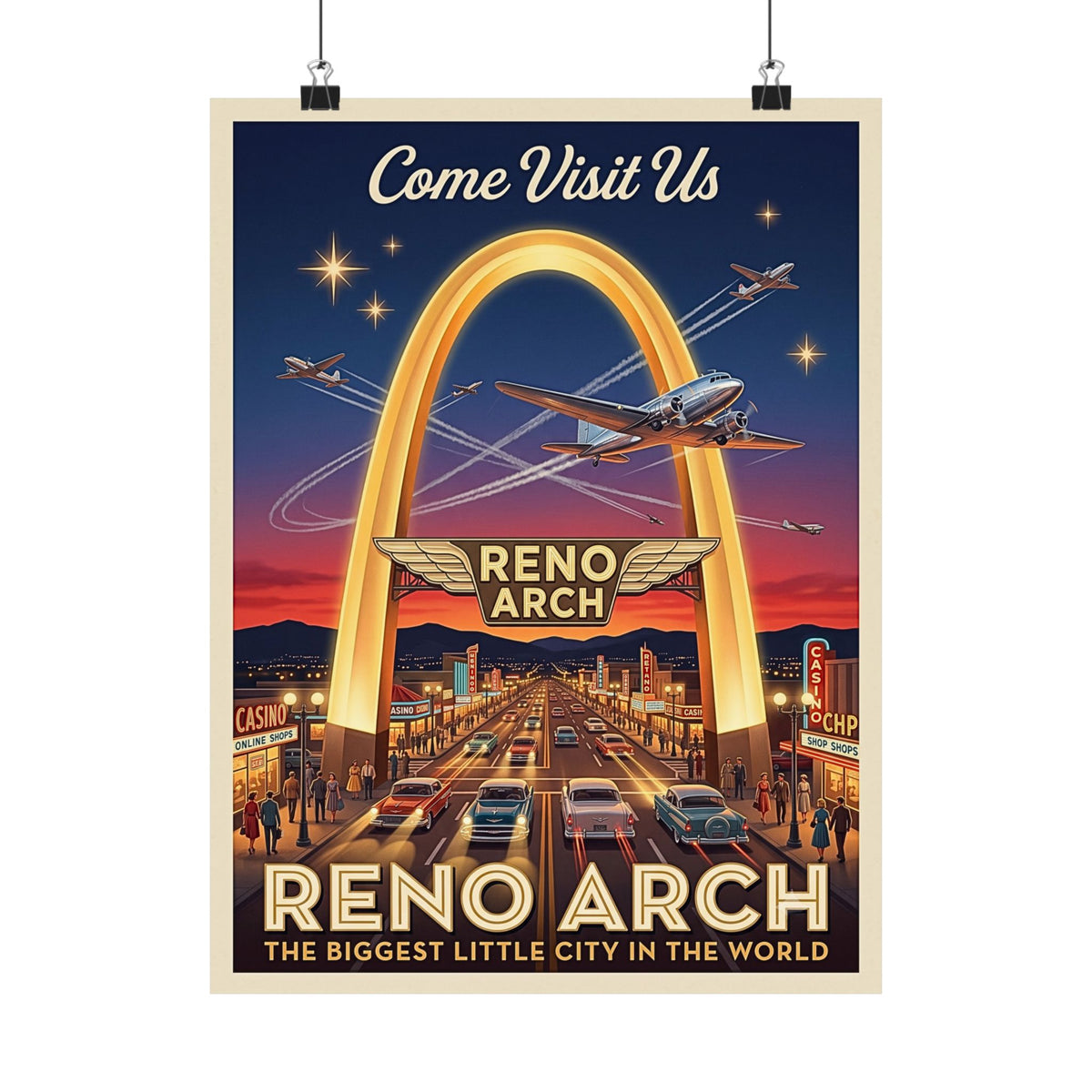 Reno Arch Retro Travel | Matte Vertical Poster | Vintage Nevada Mid-Century Wall Art | Biggest Little City | 1950s Americana Cityscape Decor