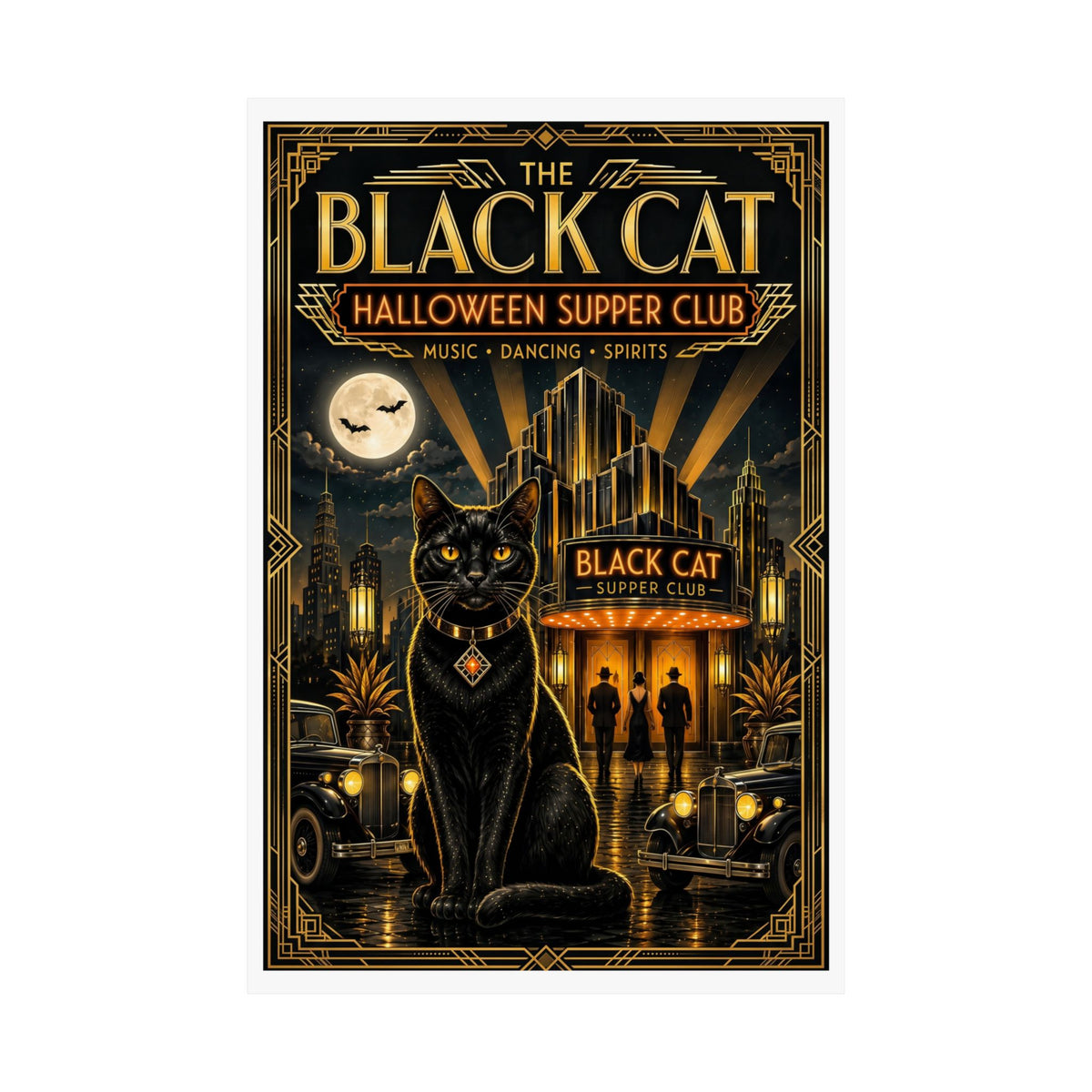 "The Black Cat" Art Deco Speakeasy Poster | Vintage “Halloween Supper Club” Art Print | Gatsby-Inspired Roaring 20s Decor | 3 sizes