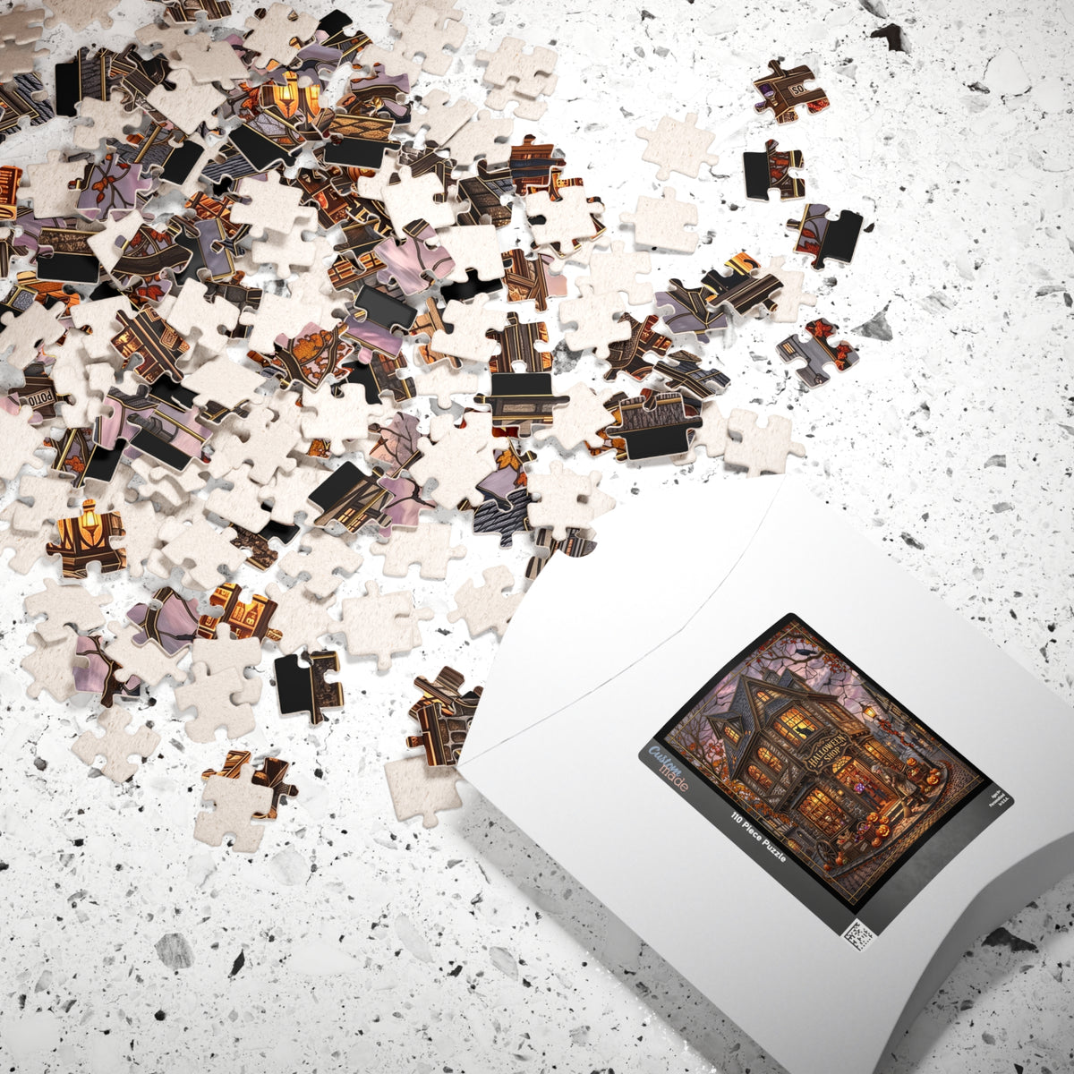 Magical Halloween Shop | Faux Stained-Glass Jigsaw Puzzle | Spooky Autumn Village Print | Whimsical Black Cat and Pumpkins Fall Decor