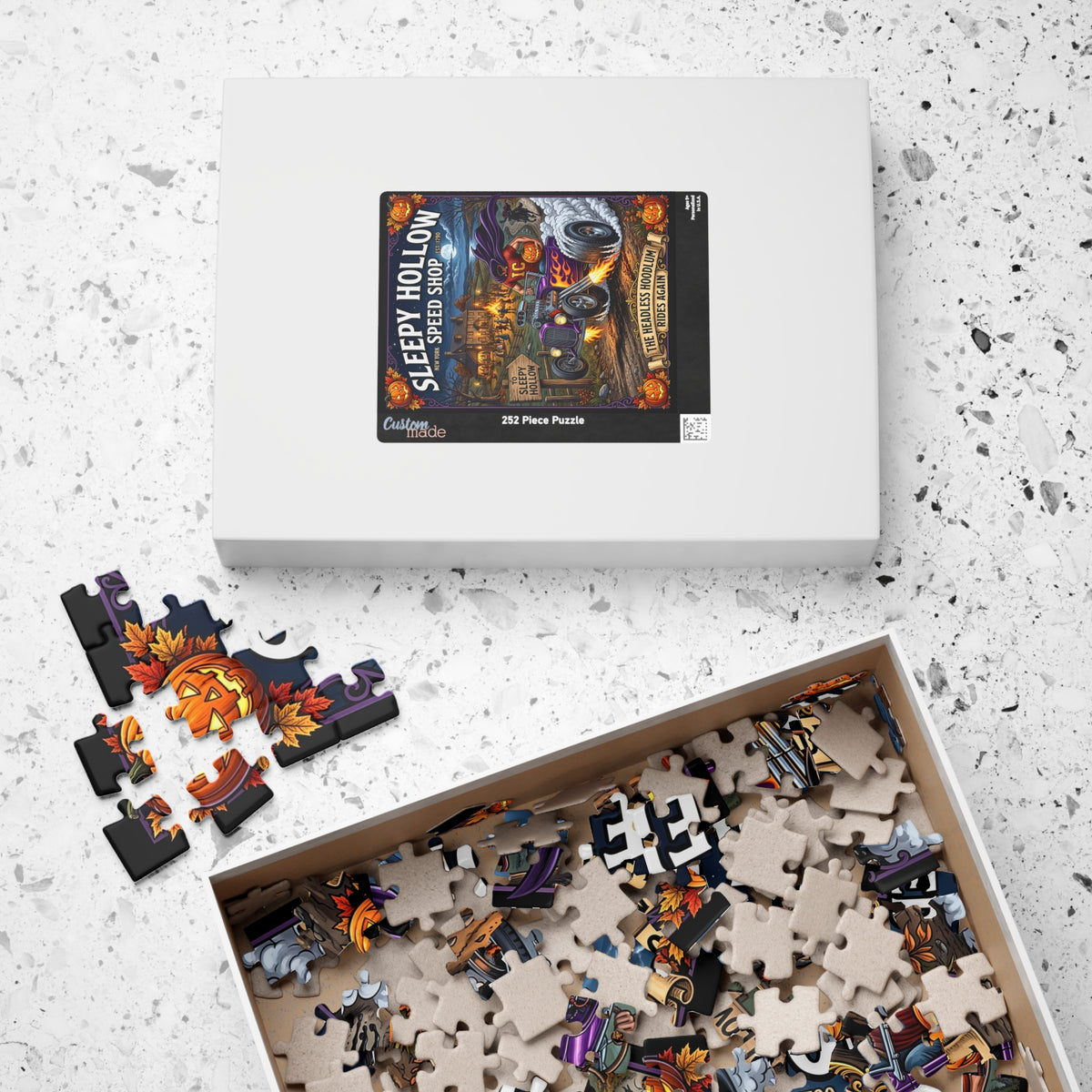 Sleepy Hollow Speed Shop Jigsaw Puzzle | Headless Horseman Vintage Hot Rod Art | Spooky Halloween Harvest Decor | Classic Car Halloween Gift