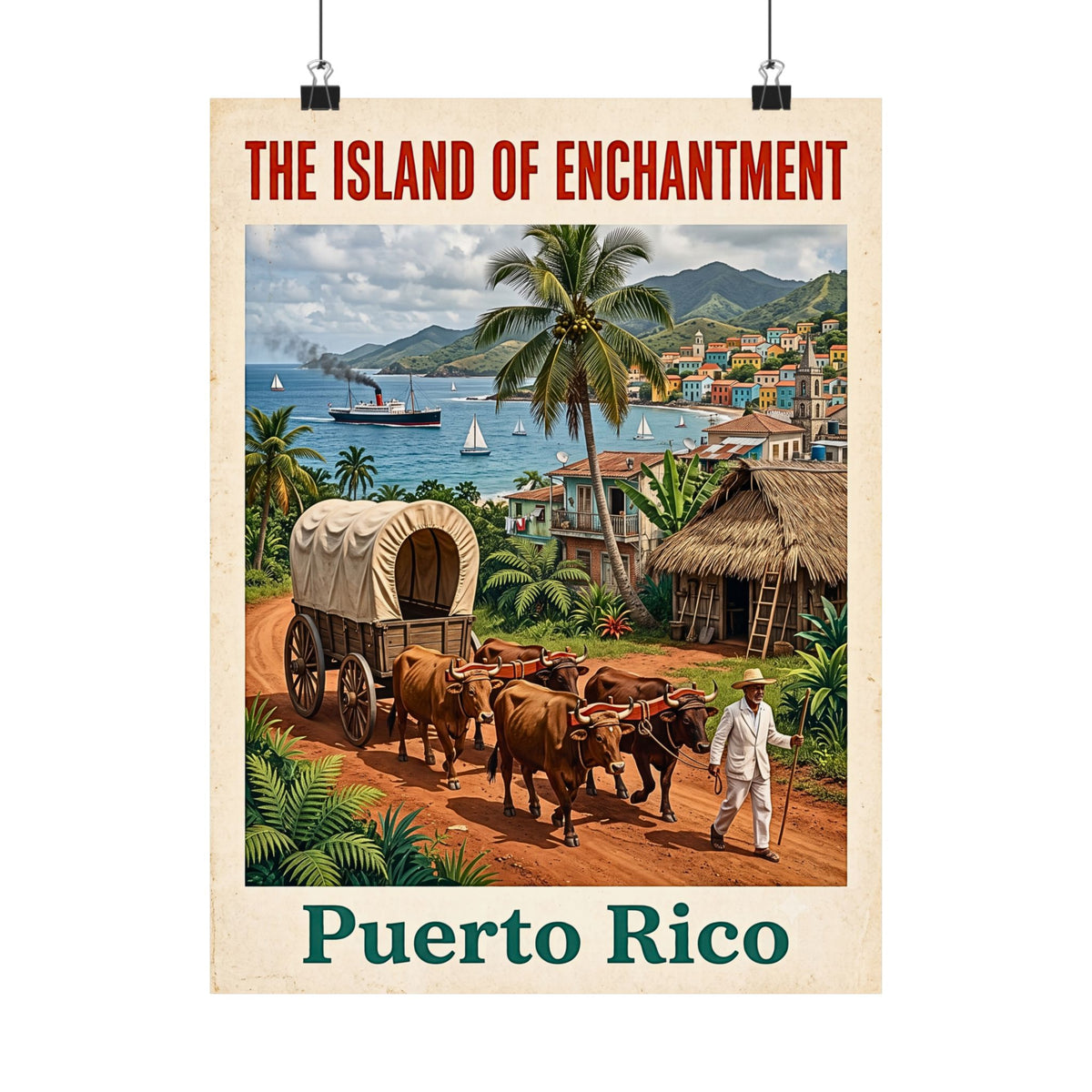 Puerto Rico Vintage Travel-Matte Vertical Poster| "The Island of Enchantment" Wall Art| Retro Caribbean Print | Jíbaro & Oxen, Coastal Homes