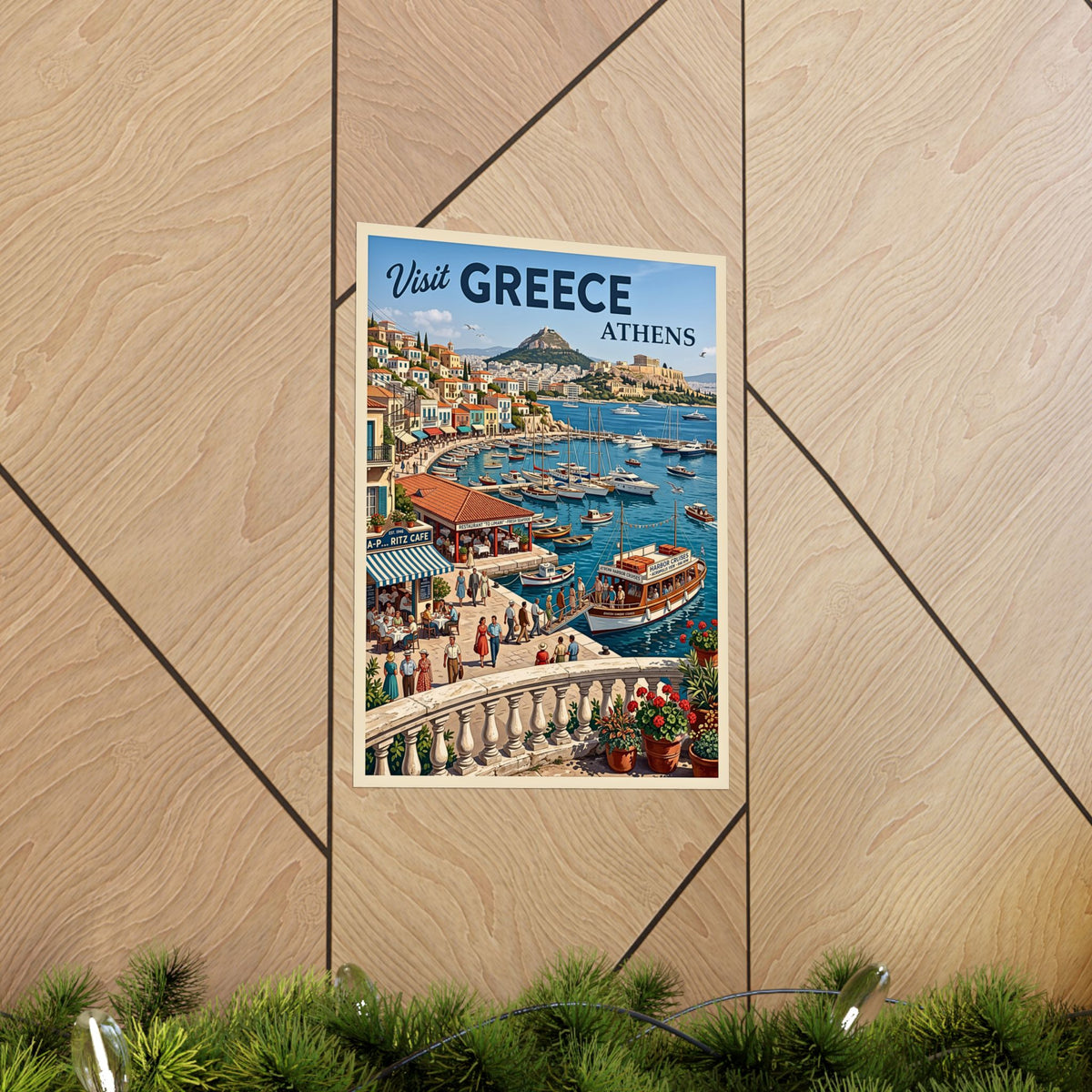 Vintage Athens Greece Classic Travel Print | Matte Vertical Poster | Mid-Century Mediterranean Harbor Wall Art | Retro Acropolis