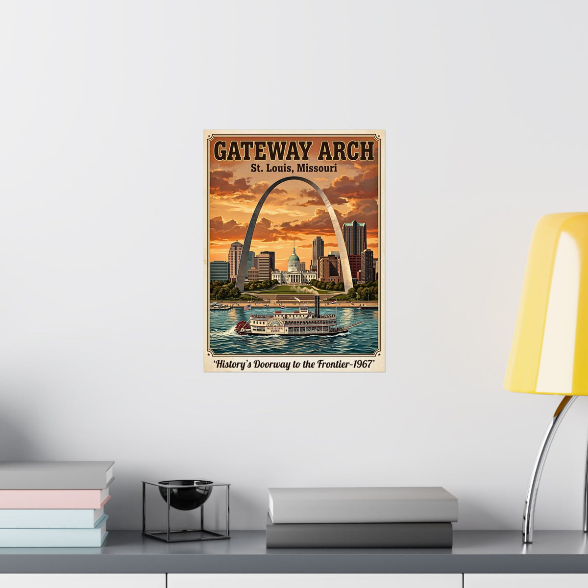St. Louis Gateway Arch | Vertical Matte Travel Poster | Retro Mid-Century Wall Art | 1960's Historic Mississippi River Steamboat Graphic