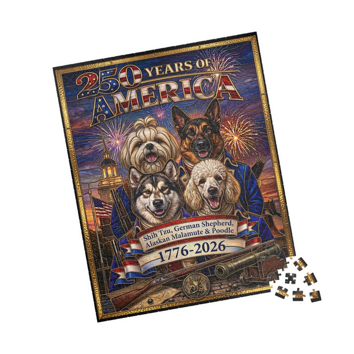 250 Years of America 1776-2026 - Four Patriotic K9's | Faux Stained Glass Jigsaw Puzzle | Shih Tzu, German Shepherd, Alaskan Malamute & Poodle