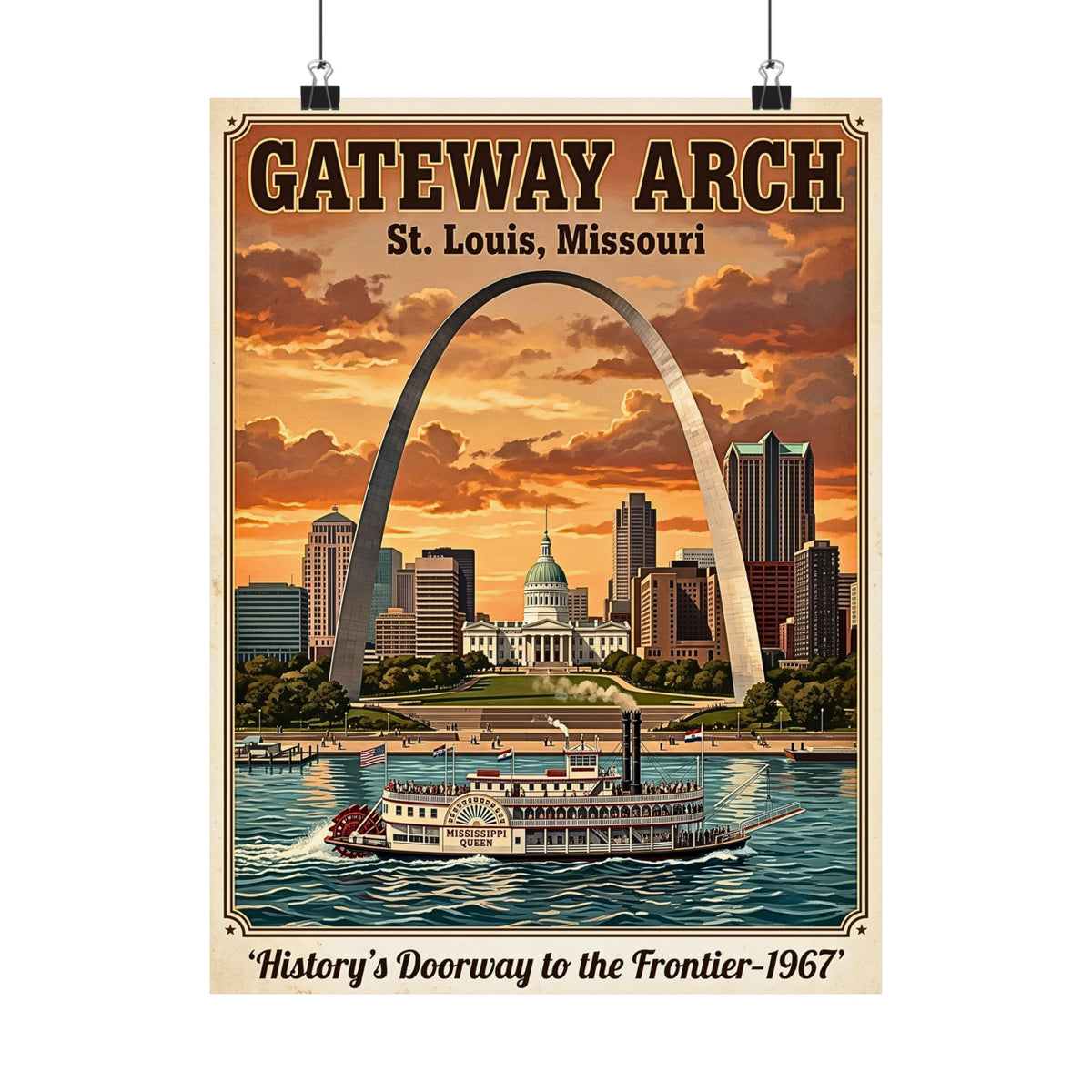 St. Louis Gateway Arch | Vertical Matte Travel Poster | Retro Mid-Century Wall Art | 1960's Historic Mississippi River Steamboat Graphic
