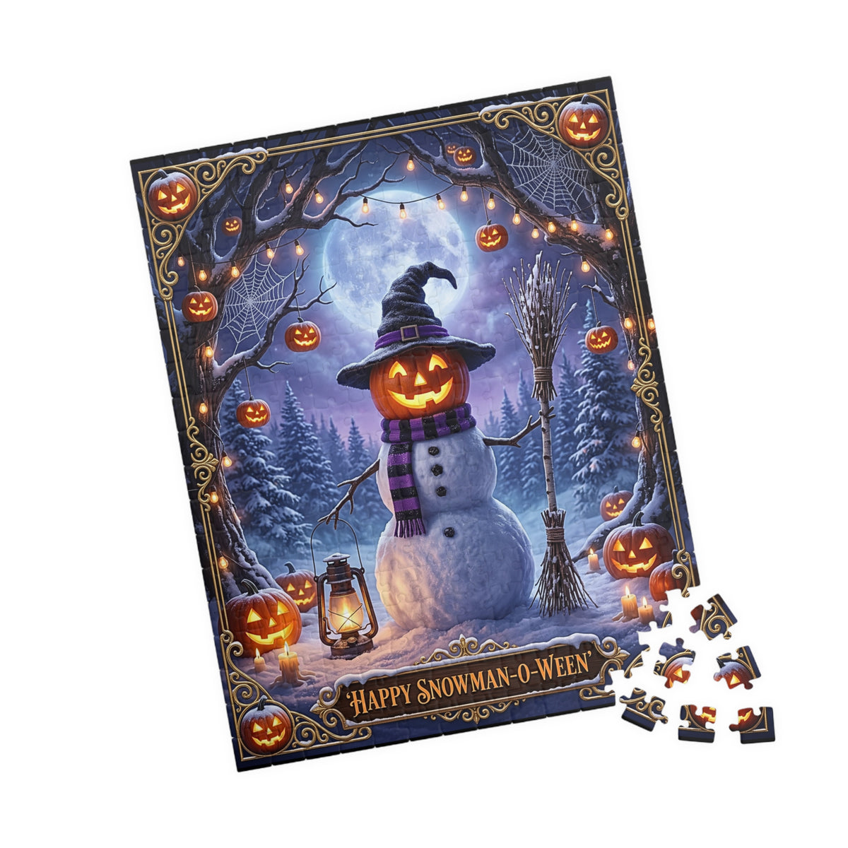 Whimsical 'Happy Snowman-O-Ween' Jigsaw Puzzle | Witch Hat Jack-o'-Lantern Art | Halloween Fall to Winter Mashup | Enchanted Forest Decor