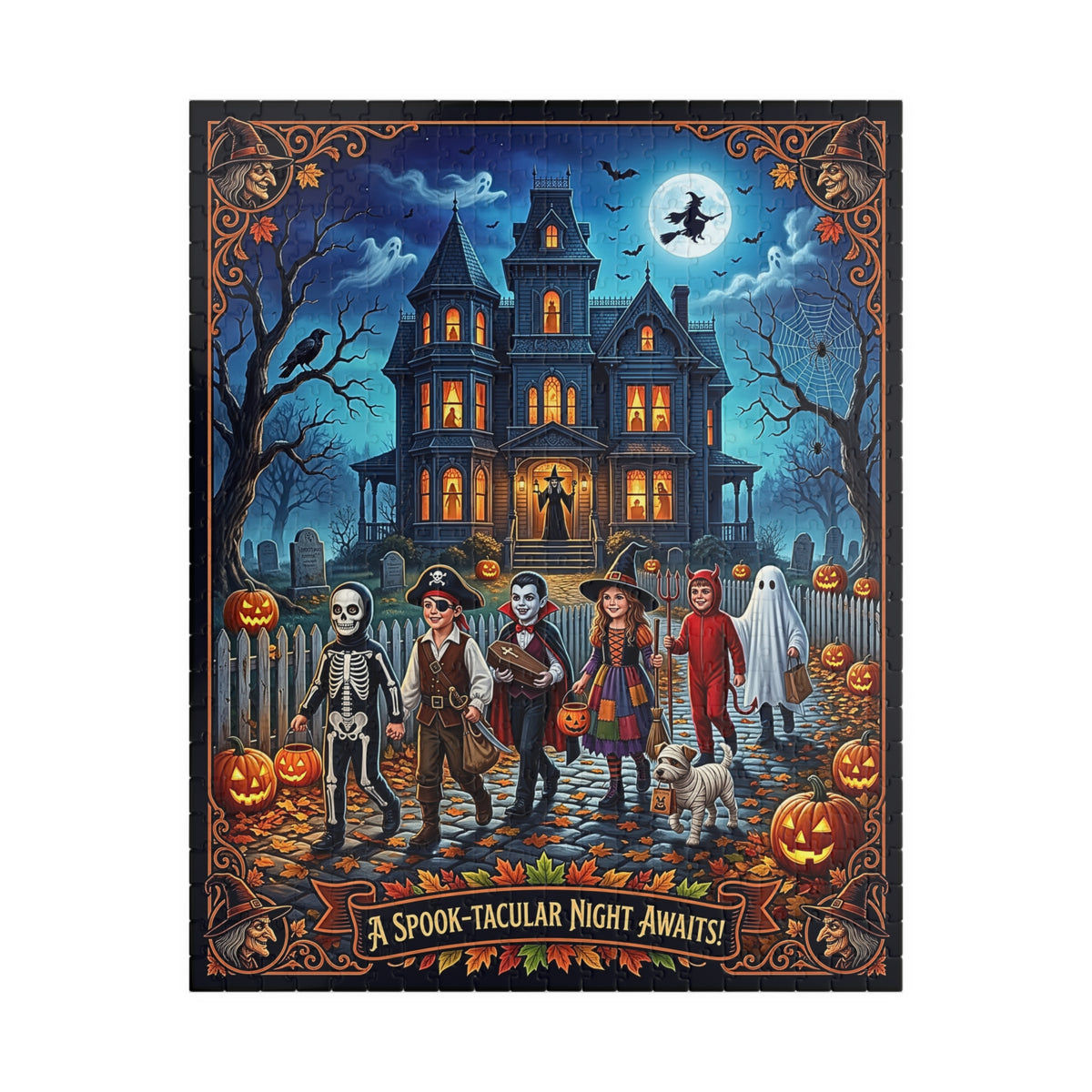 A Spook-tacular Night Awaits! | Jigsaw Puzzle | Vintage Halloween Victorian Haunted House | Trick-or-Treaters, Jack-o-Lanterns, Witches