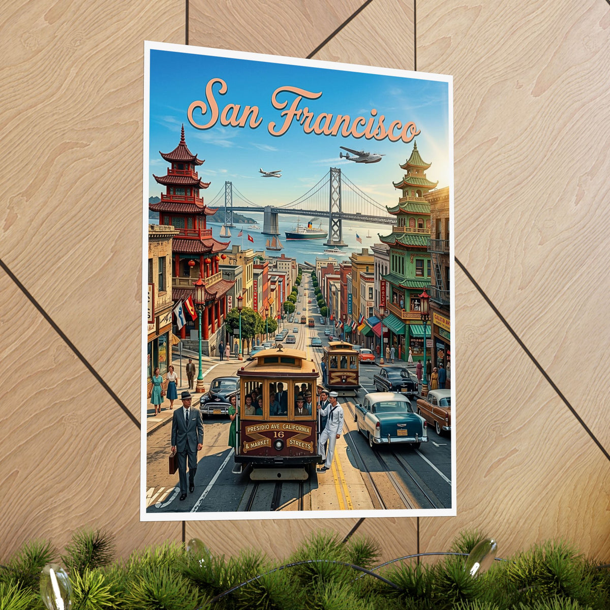 Vintage 1950's San Francisco Travel Art | Matte Vertical Poster | Mid-Century Modern Cable Car| Retro Bay Bridge & Chinatown Cityscape Print