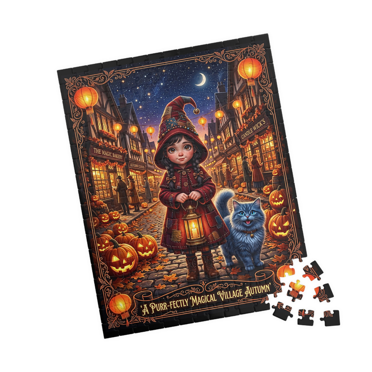 Whimsical Halloween Jigsaw Puzzle | Purr-fectly Magical Autumn Village | Cute Girl and Blue Cat | Cozy Fall Jack-o'-Lantern Activity