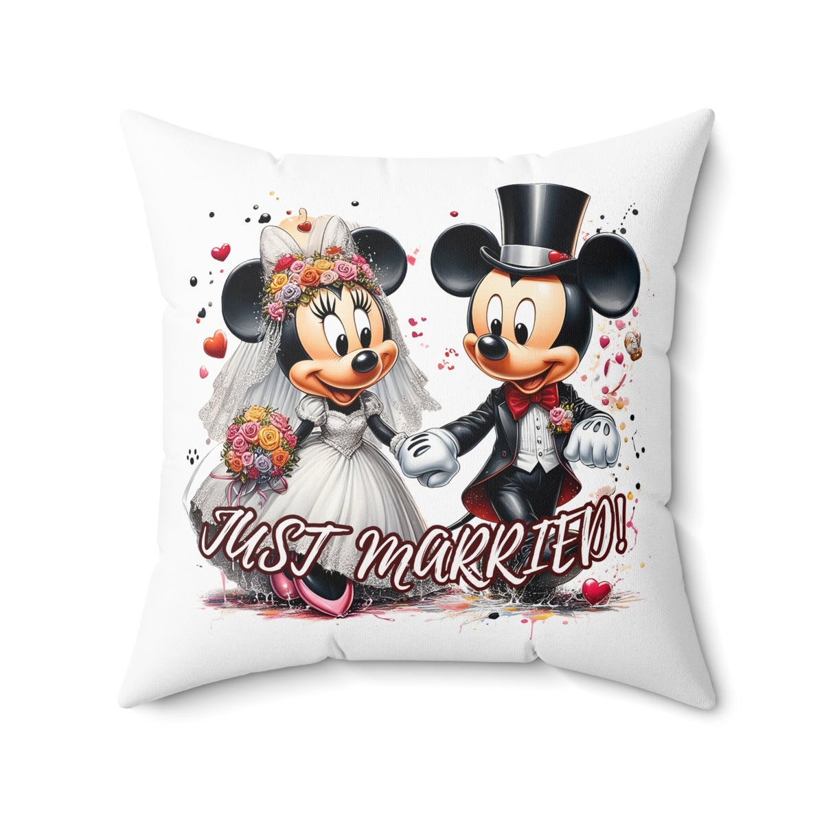 Spun Polyester Square Pillow  | Cartoon-style Adorable Mouse Couple "JUST MARRIED!" | Celebrating Their Fairytale Wedding Day | 4 sizes
