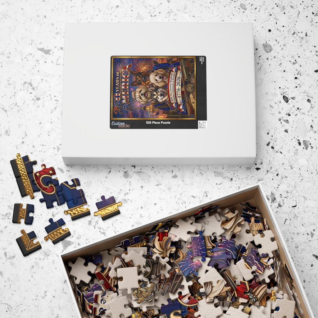 250 Years of America 1776-2026 - Four Patriotic K9's | Faux Stained Glass Jigsaw Puzzle | Shih Tzu, German Shepherd, Alaskan Malamute & Poodle