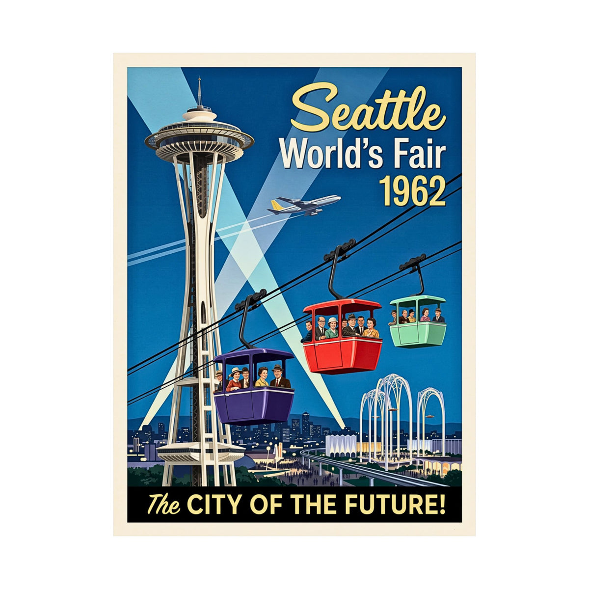 Seattle 1962 World's Fair | Retro Travel Print | Vertical Matte Poster | Mid-Century Modern Space Needle | Cable Cars | Vintage Cityscape