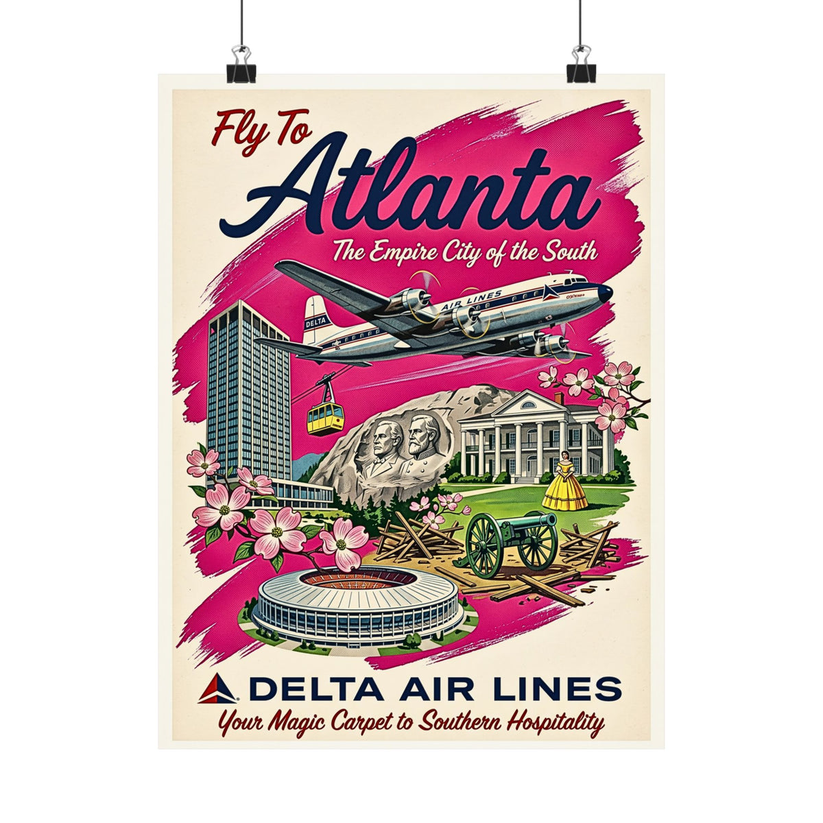 Retro Atlanta, Empire City of the South | Matte Vertical Poster | Vintage Delta Air Lines Travel Print | 1960s Southern Hospitality Decor