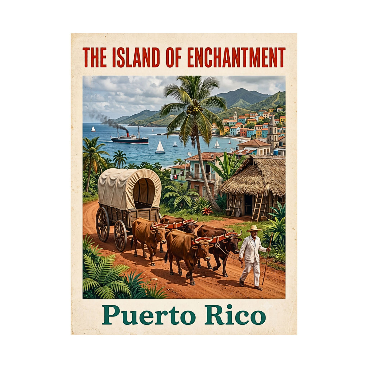 Puerto Rico Vintage Travel-Matte Vertical Poster| "The Island of Enchantment" Wall Art| Retro Caribbean Print | Jíbaro & Oxen, Coastal Homes