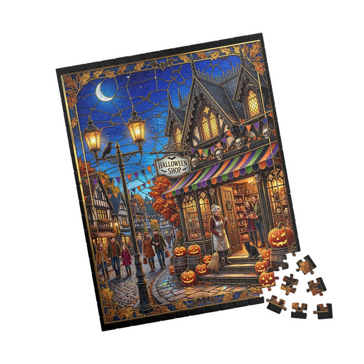 Magical Halloween Shop | Faux Stained-Glass Jigsaw Puzzle | Gothic Autumn Town | Whimsical Spooky Village Street Scene | Black Cat, Pumpkins