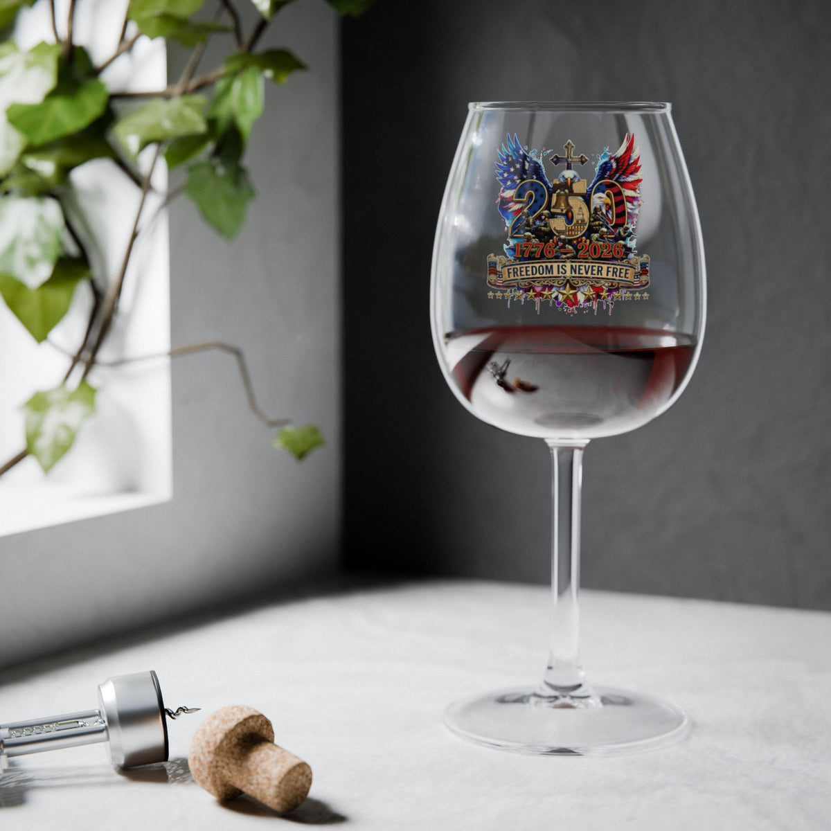 US Veteran 250 Years of History | DD-214 Military 12oz Wine Glass| Patriotic 1776-2026 Semiquincentennial | Eagle, Flag, Helmet and Dog Tags