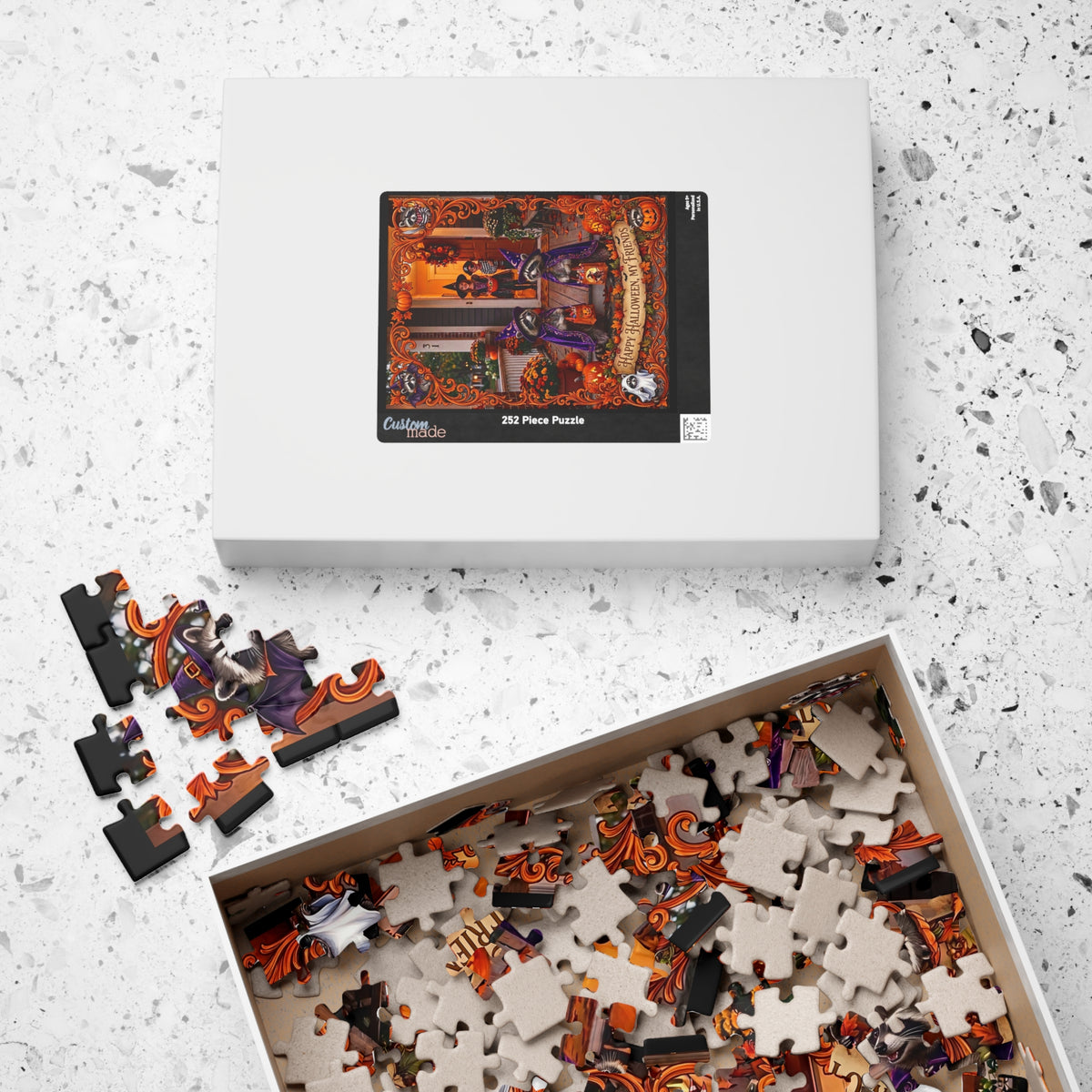 Happy Halloween, My Friends | Jigsaw Puzzle | Trick-or-Treat Costumed Raccoons | Autumn Spooky Fall Porch Art | Fall Gift for Kids & Adults