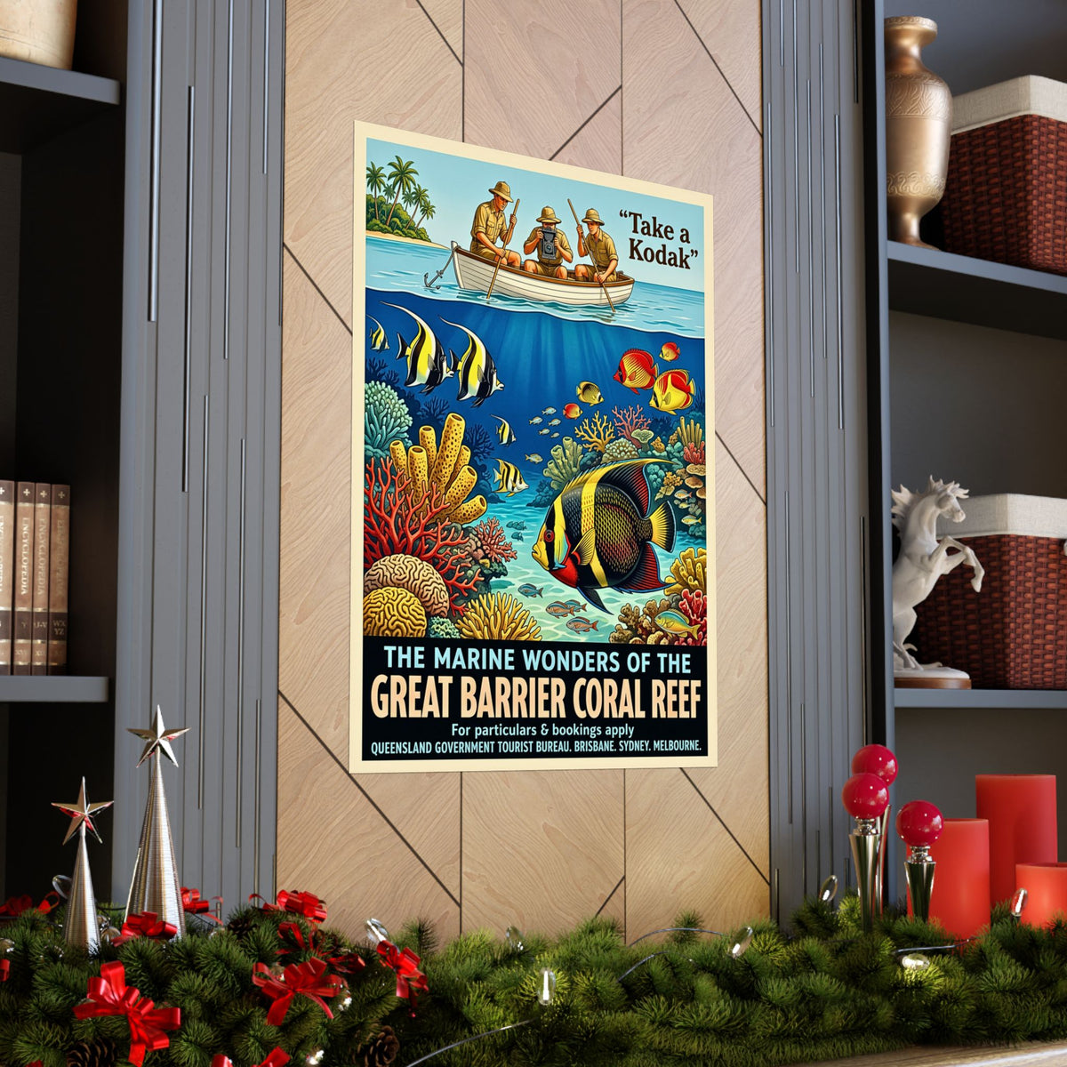 Vintage Australian Great Barrier Reef Travel Poster | Vertical Matte Print | 1930s Retro Ocean Coral Art | Mid-Century Marine Illustration