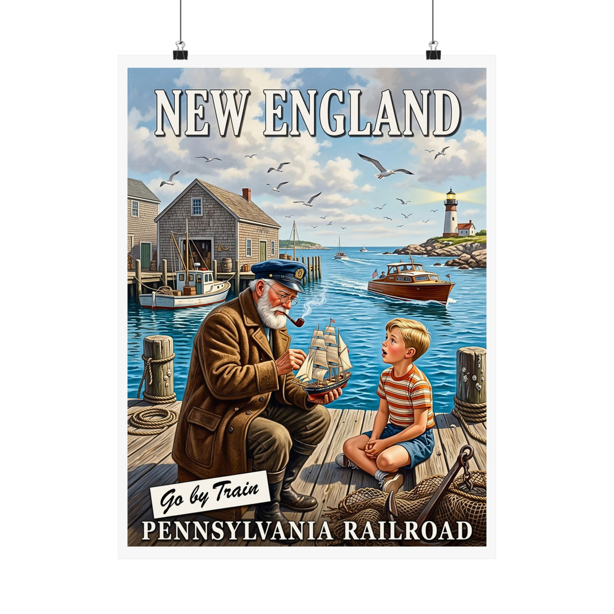 Vintage New England Mid-Century Travel Advertisement |Matte Vertical Poster|Nautical Sea Captain Wall Art|Go By Train Pennsylvania Railroad