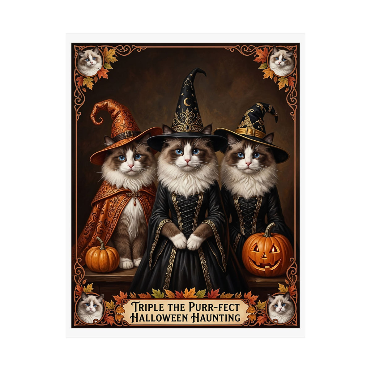 Witch Hat Ragdoll Kittens Halloween Poster | Triple The Purr-fect Haunting | Whimsical Dark Fantasy Wall Art