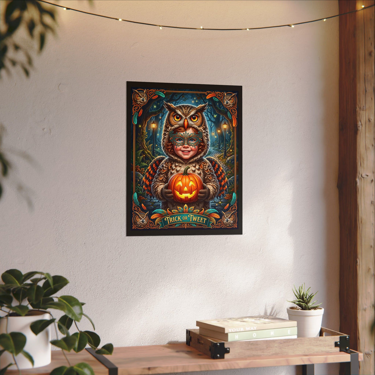 Adorable Halloween Owl Costume | Textured Watercolor Matte Poster |  "Trick or Tweet" Vintage Night Forest | Cute Jack-O-Lantern Fall Poster