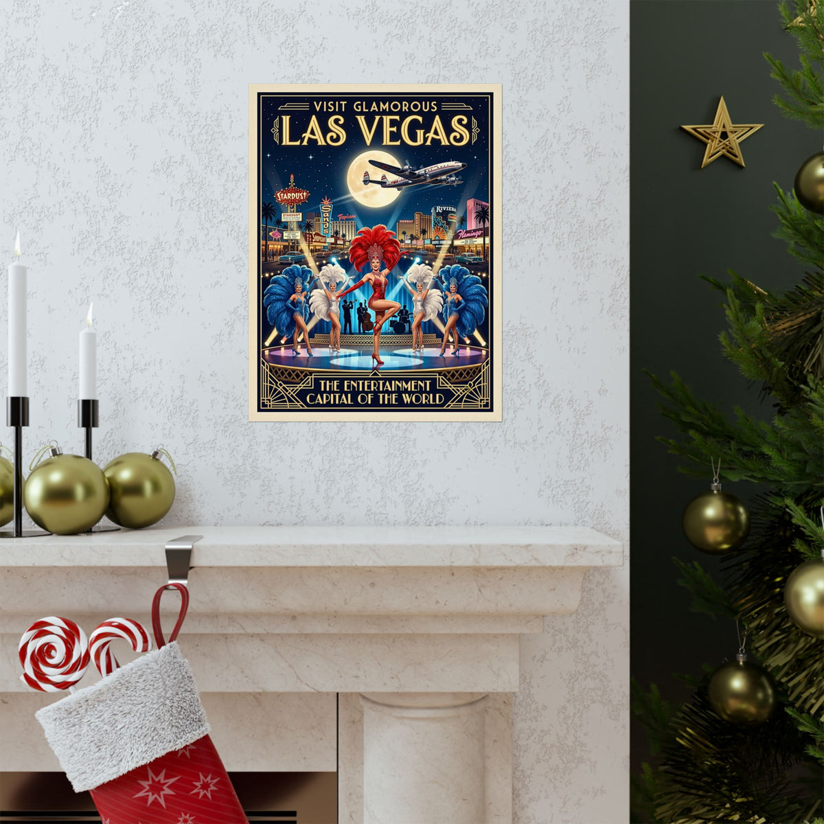 Vintage Las Vegas Travel Print|Vertical Matte Paper Poster| Retro Mid-Century Showgirl Art| 1950's Art Deco Casino Decor| Retro TWA Airplane