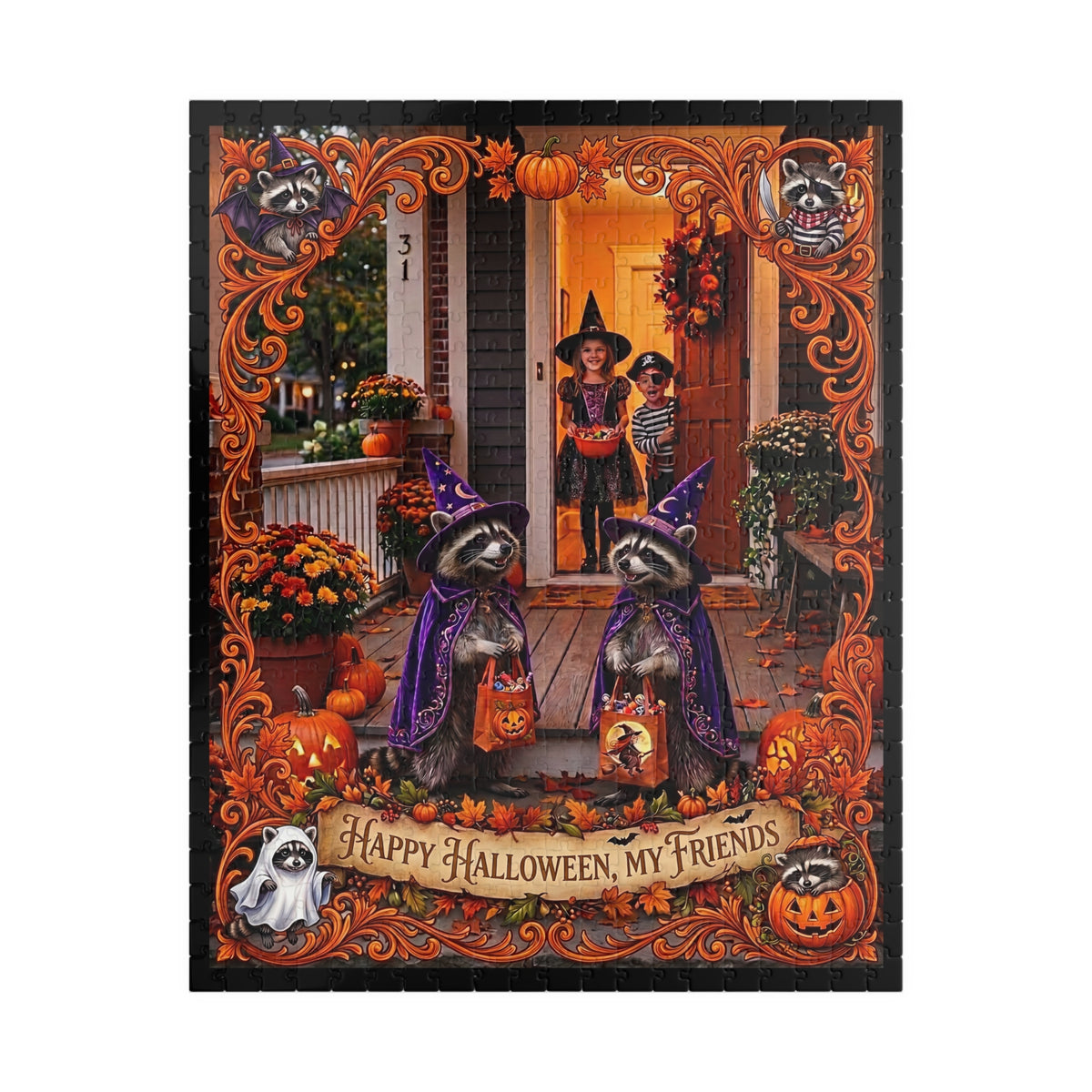 Happy Halloween, My Friends | Jigsaw Puzzle | Trick-or-Treat Costumed Raccoons | Autumn Spooky Fall Porch Art | Fall Gift for Kids & Adults