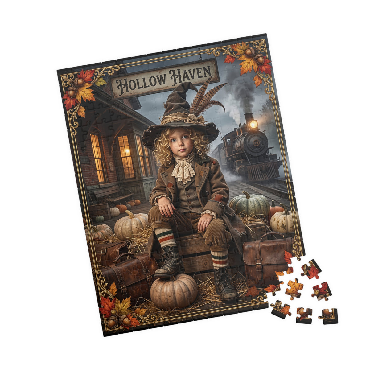 Vintage Halloween Traveler Child Design | Jigsaw Puzzle | Gothic Fall Graphic | 1900 "Hollow Haven" Train Station | Whimsical Witch Decor