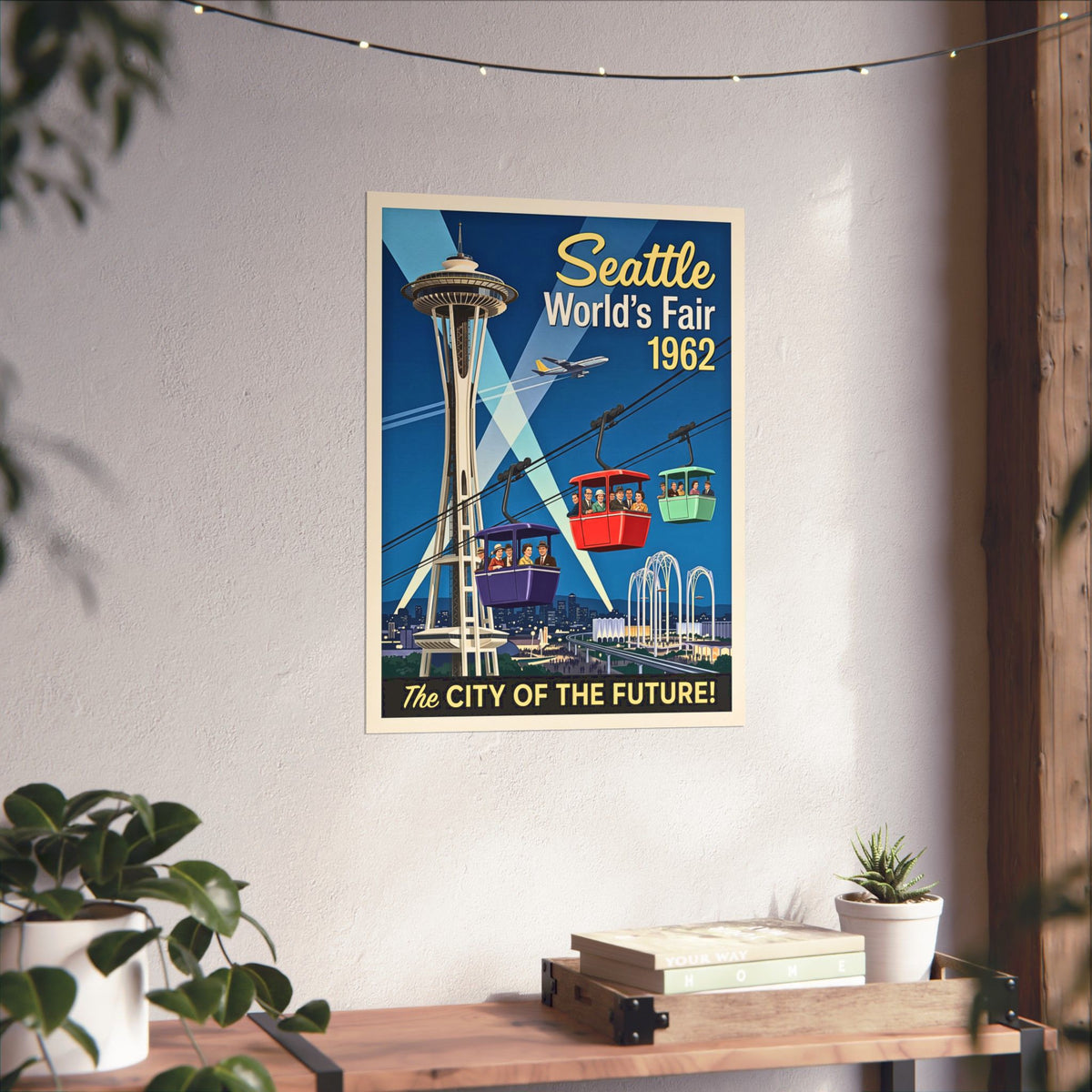 Seattle 1962 World's Fair | Retro Travel Print | Vertical Matte Poster | Mid-Century Modern Space Needle | Cable Cars | Vintage Cityscape