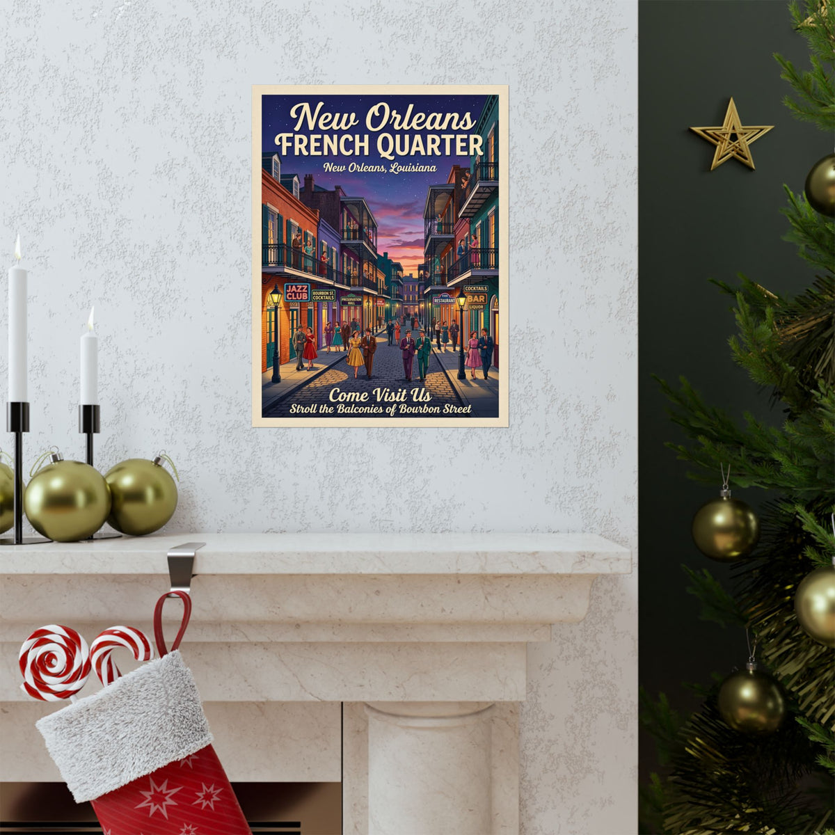 Retro New Orleans Travel Rolled Poster | 1950s French Quarter Twilight Art | Bourbon Street Balcony Print | Photo-realistic NOLA Wall Decor
