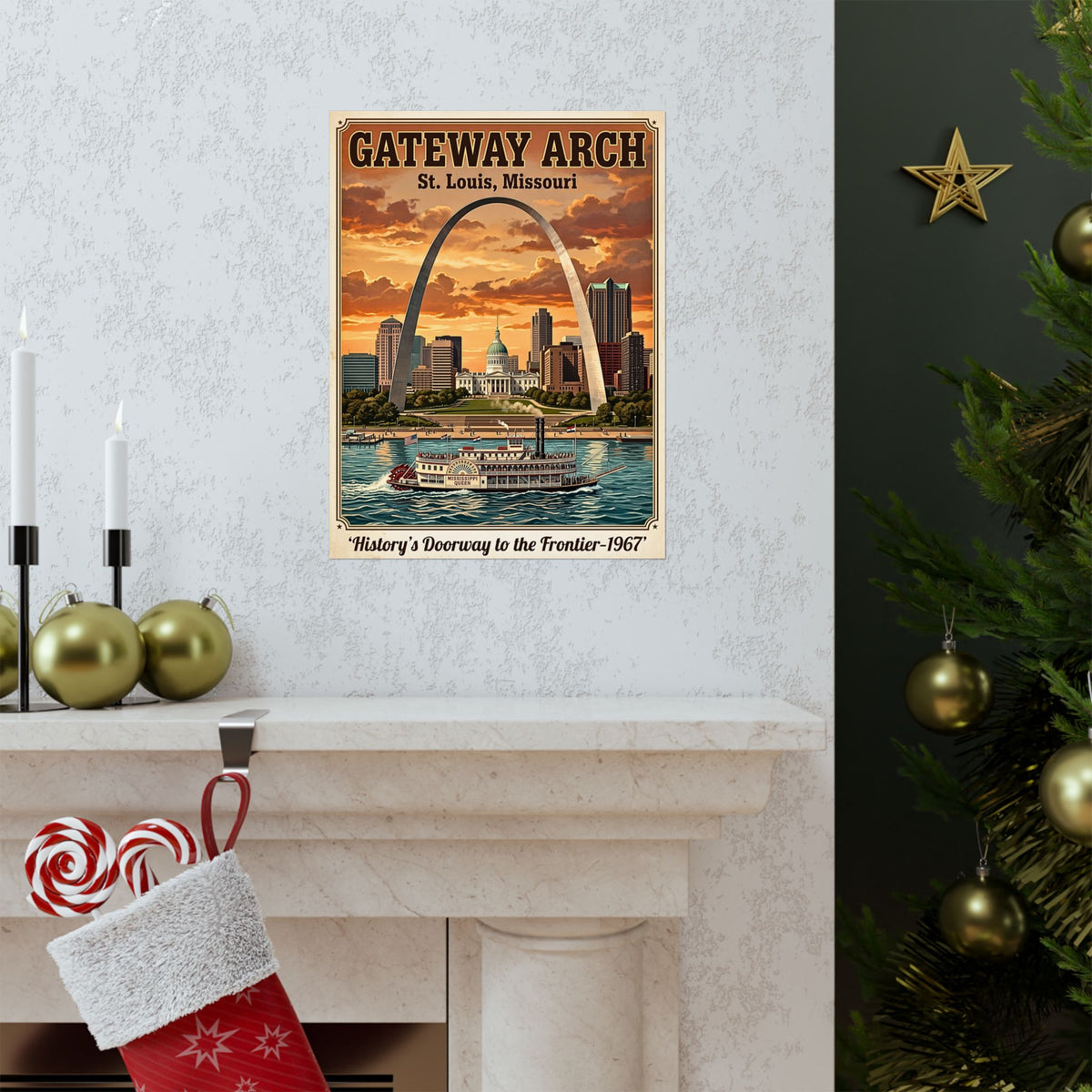 St. Louis Gateway Arch | Vertical Matte Travel Poster | Retro Mid-Century Wall Art | 1960's Historic Mississippi River Steamboat Graphic