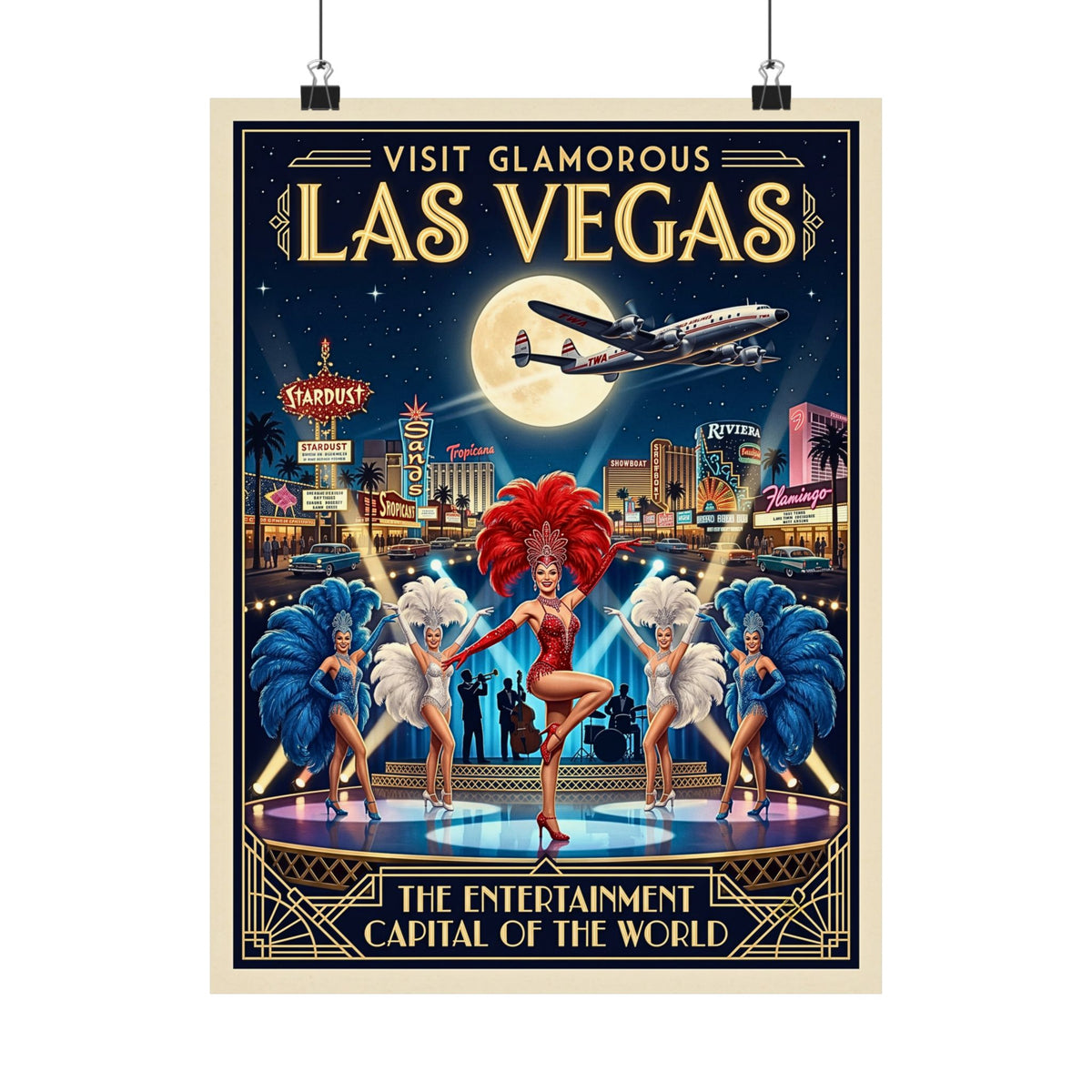 Vintage Las Vegas Travel Print|Vertical Matte Paper Poster| Retro Mid-Century Showgirl Art| 1950's Art Deco Casino Decor| Retro TWA Airplane