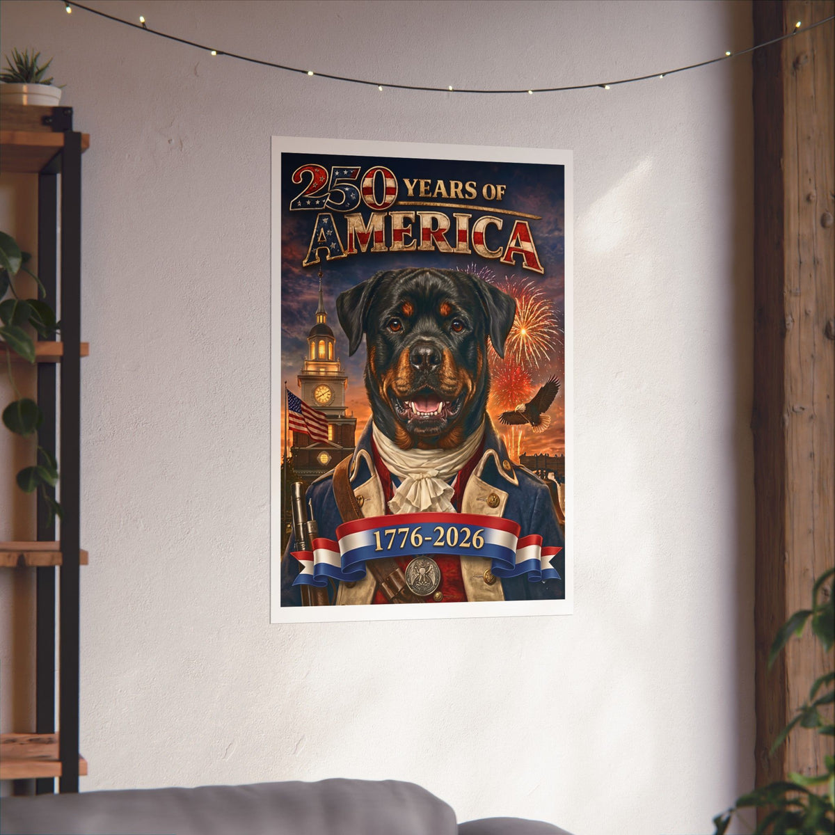 Patriotic ROTTWEILER Dog | Matte Finish Poster | 250 Years of America 1776-2026 | Independence Hall | Soaring Bald Eagle |Fireworks| 5 sizes