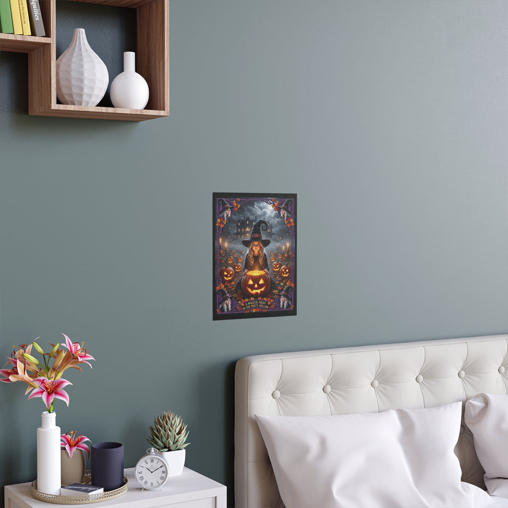 A Magical Night in the Misty Hollow | Silk-finish Poster | Cute Halloween Witch, Glowing Jack-o'-Lanterns | Fall Gift for Kids and Adults